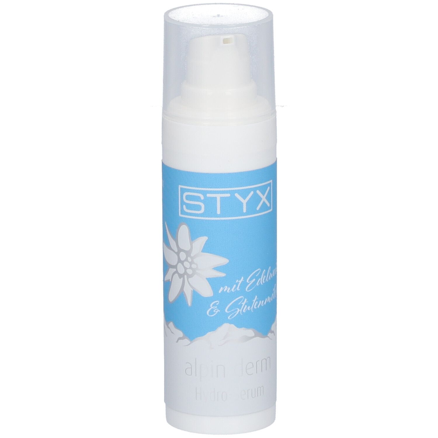 Wit serum met STYX-logo, edelweissbloem en tekst. Blauwe band. Transparante dop.