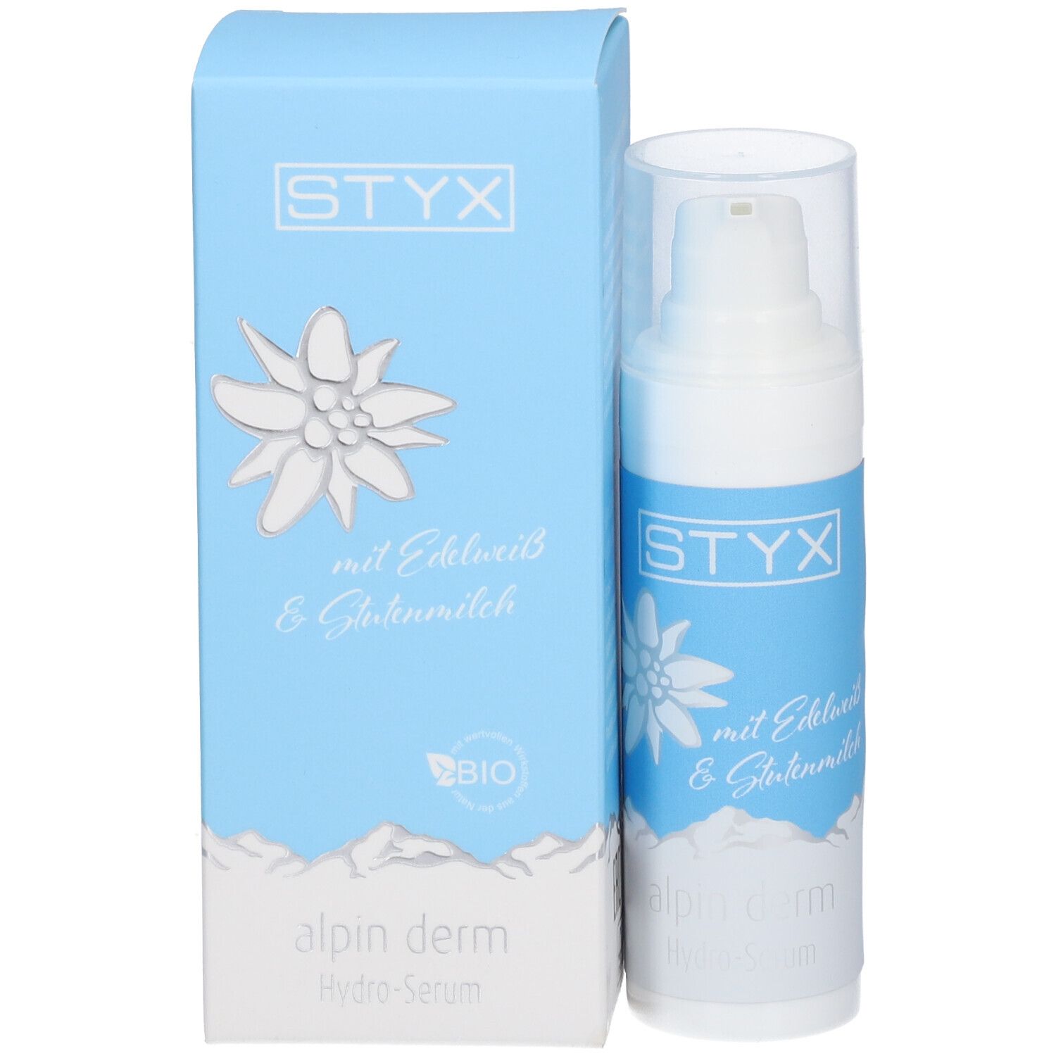 Serumfles met verpakking. STYX-logo, edelweissbloem en tekst. Blauwe verpakking met product.