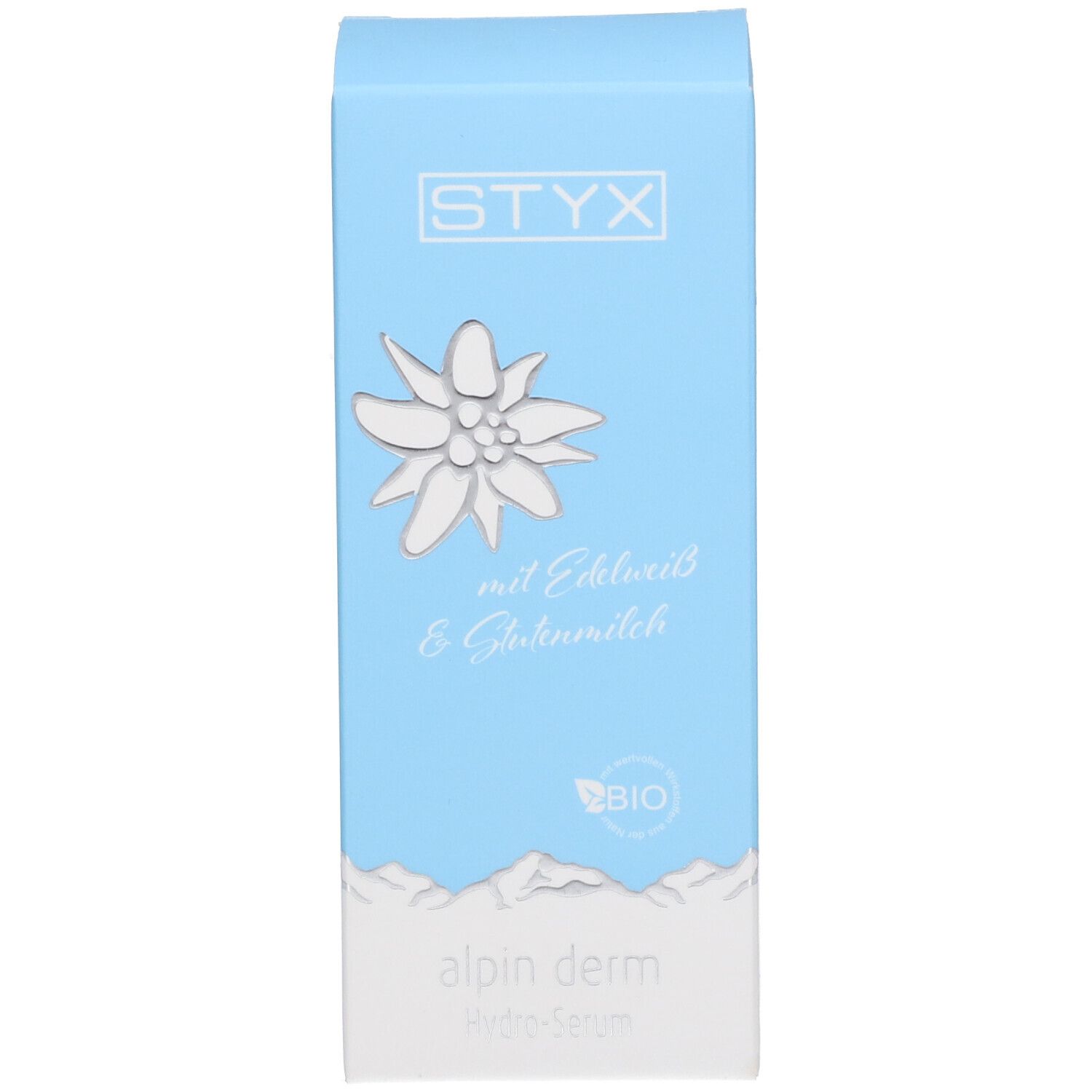 Blauwe verpakking met STYX-logo, edelweissbloem en tekst. BIO-keurmerk. Productnaam.