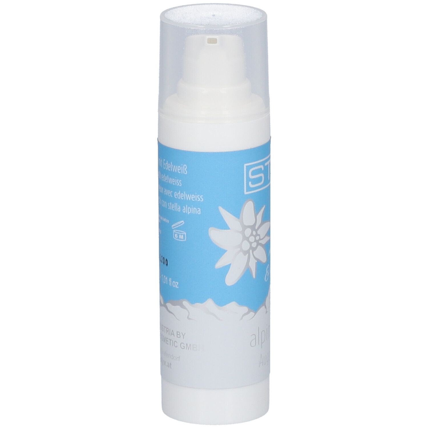 Witte fles met pomp. Etiket met STYX-logo, edelweissbloem en tekst.