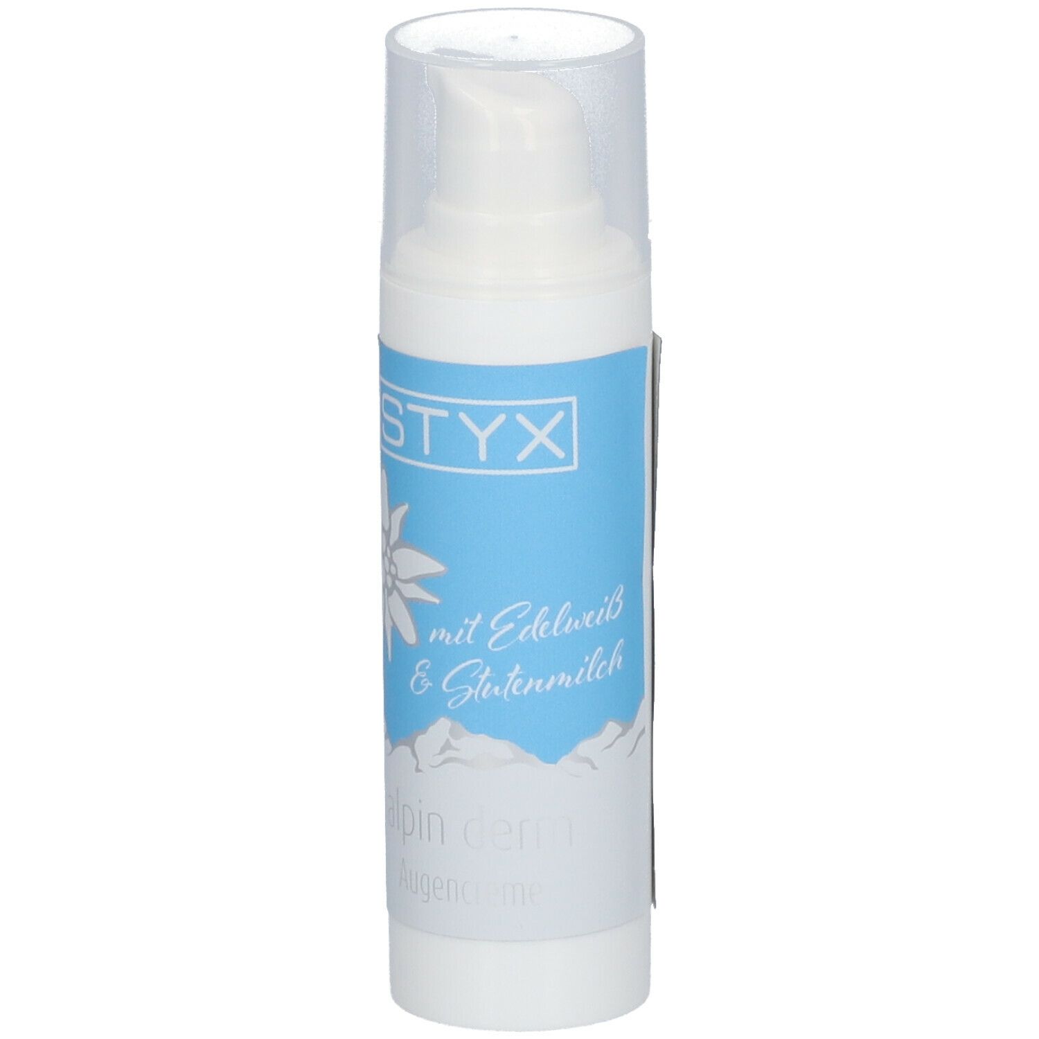 Witte fles met pomp. Etiket met STYX-logo, edelweissbloem en tekst.