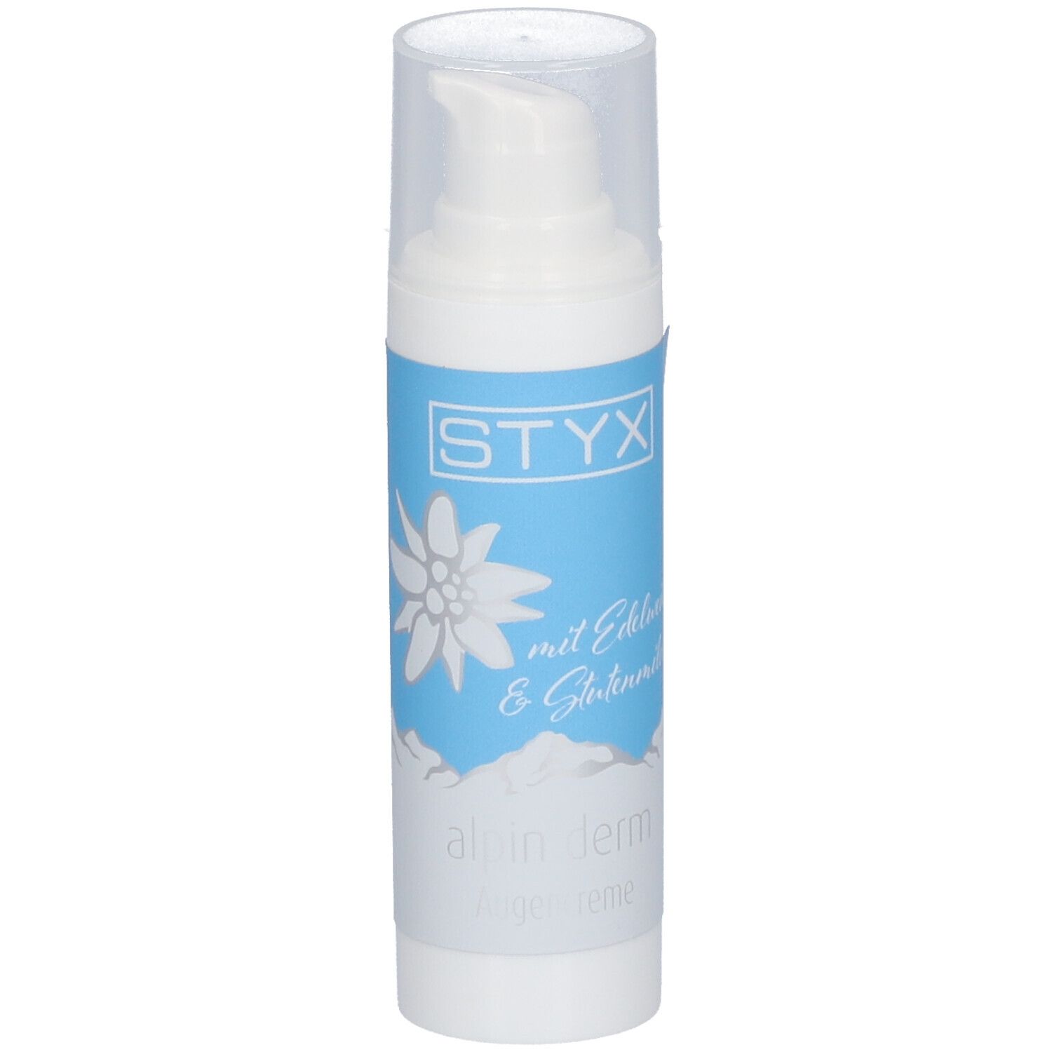 Witte fles met pomp. Etiket met STYX-logo, edelweissbloem en tekst.