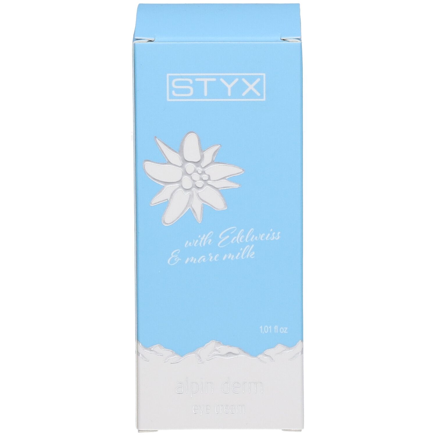 Blauwe doos met STYX-logo, edelweissbloem en tekst.
