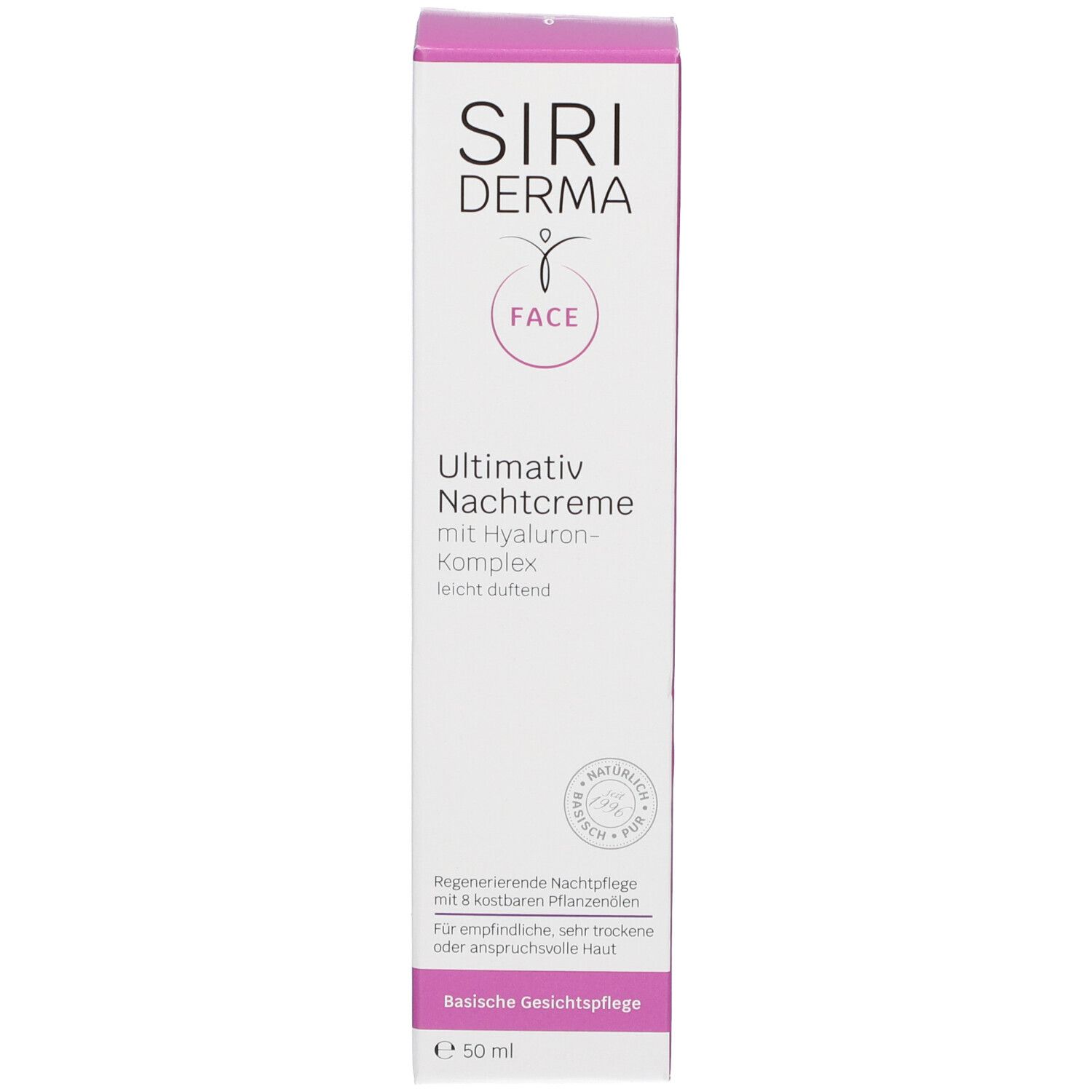 Boîte. Inscription : Siri Derma Face, Ultimativ Nachtcreme mit Hyaluron-Komplex. 50 ml. Logo Vegan.