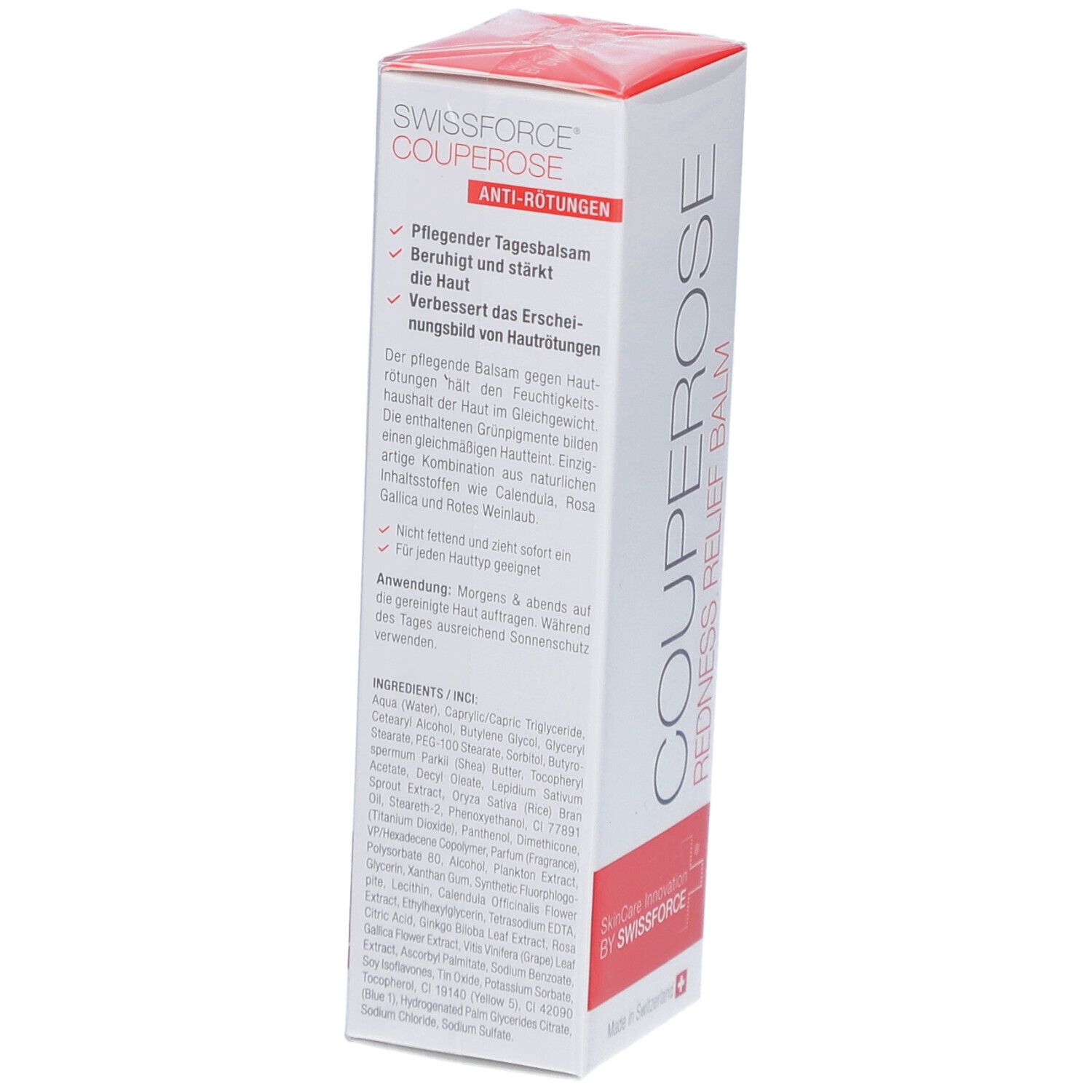 Emballage de COUPEROSE. Texte : Anti-rougeurs. Ingrédients et instructions d'utilisation. Marque SWISSFORCE®.