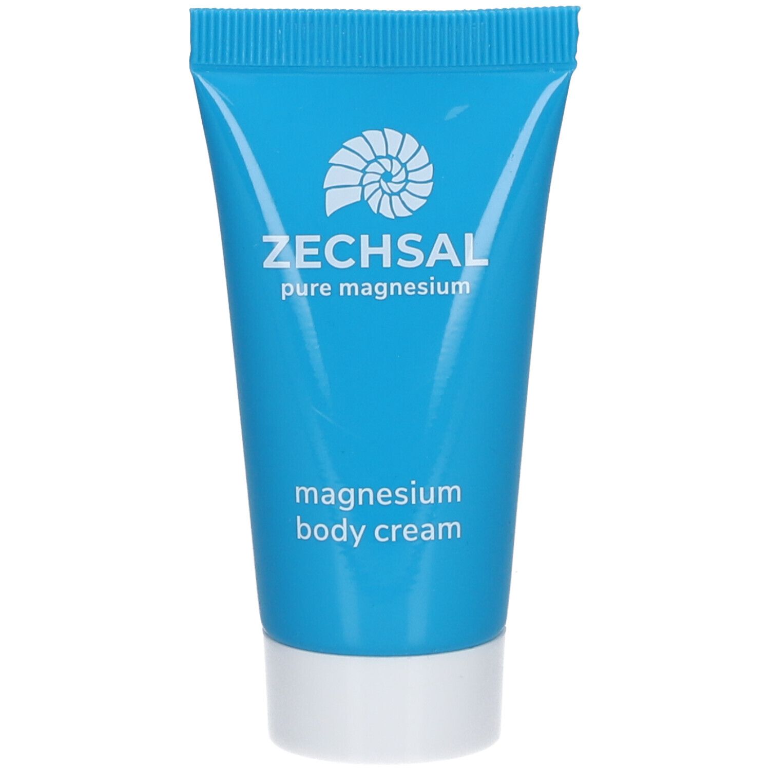 Tube turquoise avec bouchon blanc. Inscription: ZECHSAL, pure magnesium, magnesium body cream. Logo coquillage.