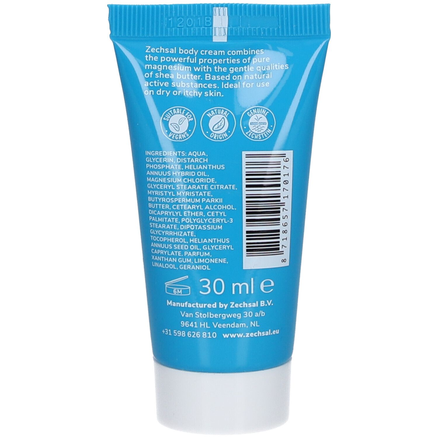 Dos du tube. Texte: Zechsal body cream, ingrédients, logos, 30 ml, adresse fabricant, code-barres.