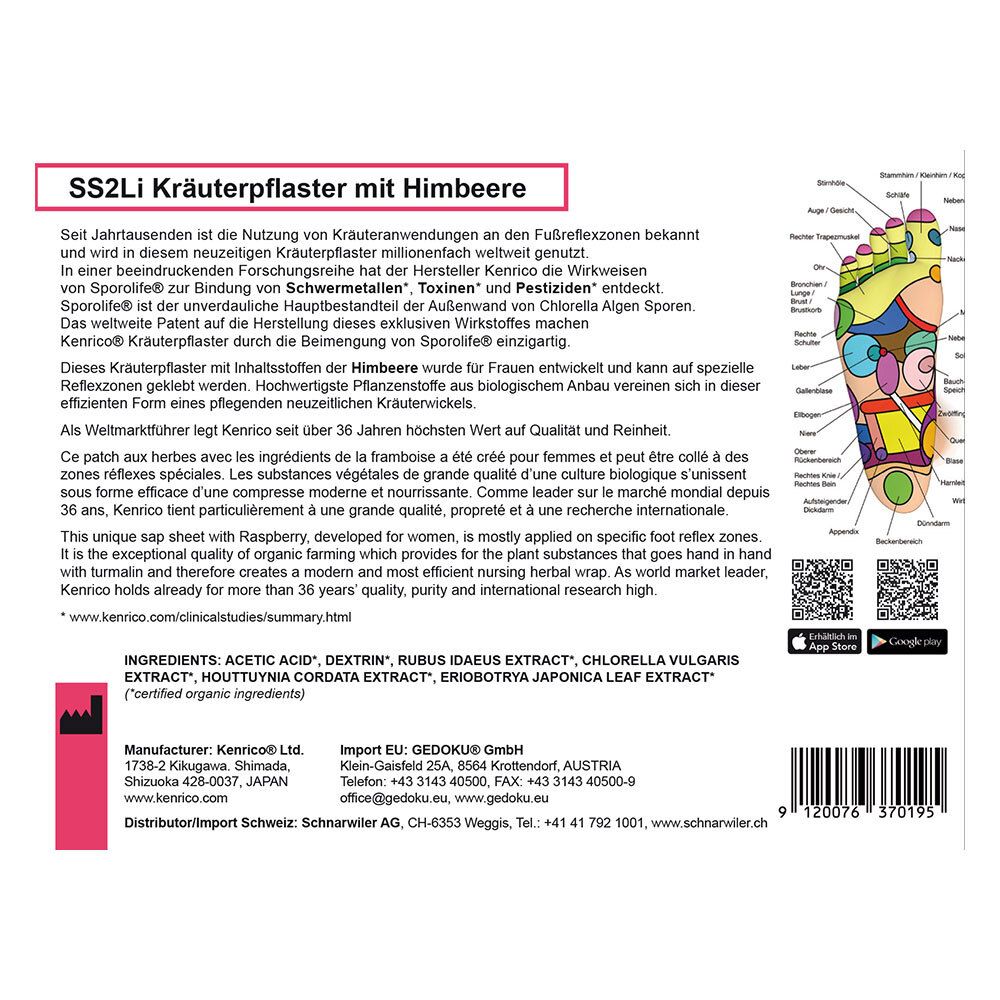 Dos de la boîte de Kenrico SS2Li Kräuterpflaster mit Himbeere. Texte, carte de réflexologie plantaire, codes QR et ingrédients.