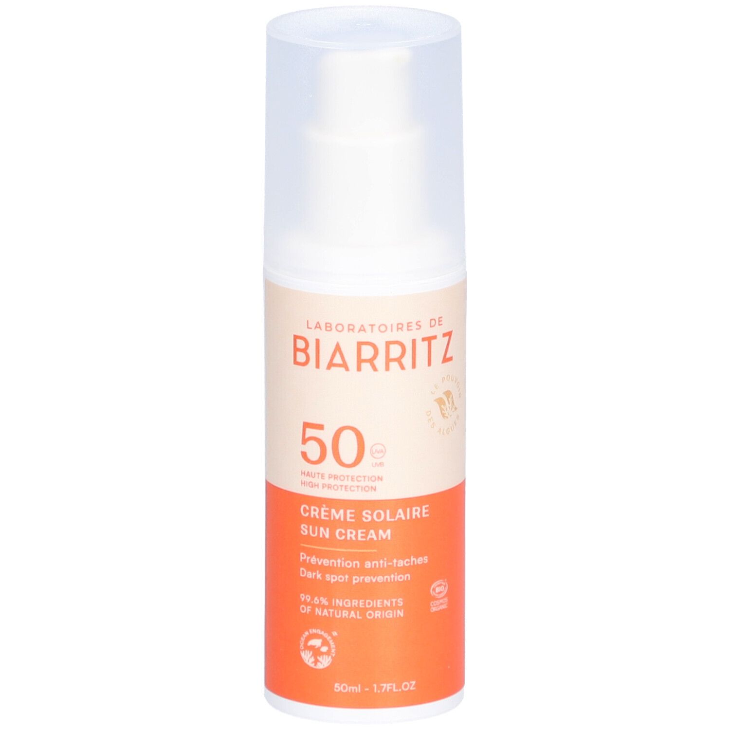 Flacon crème solaire blanc et orange avec pompe. Texte: Laboratoires de Biarritz, 50, Crème Solaire, Alga Maris, Haute Protection Visage.