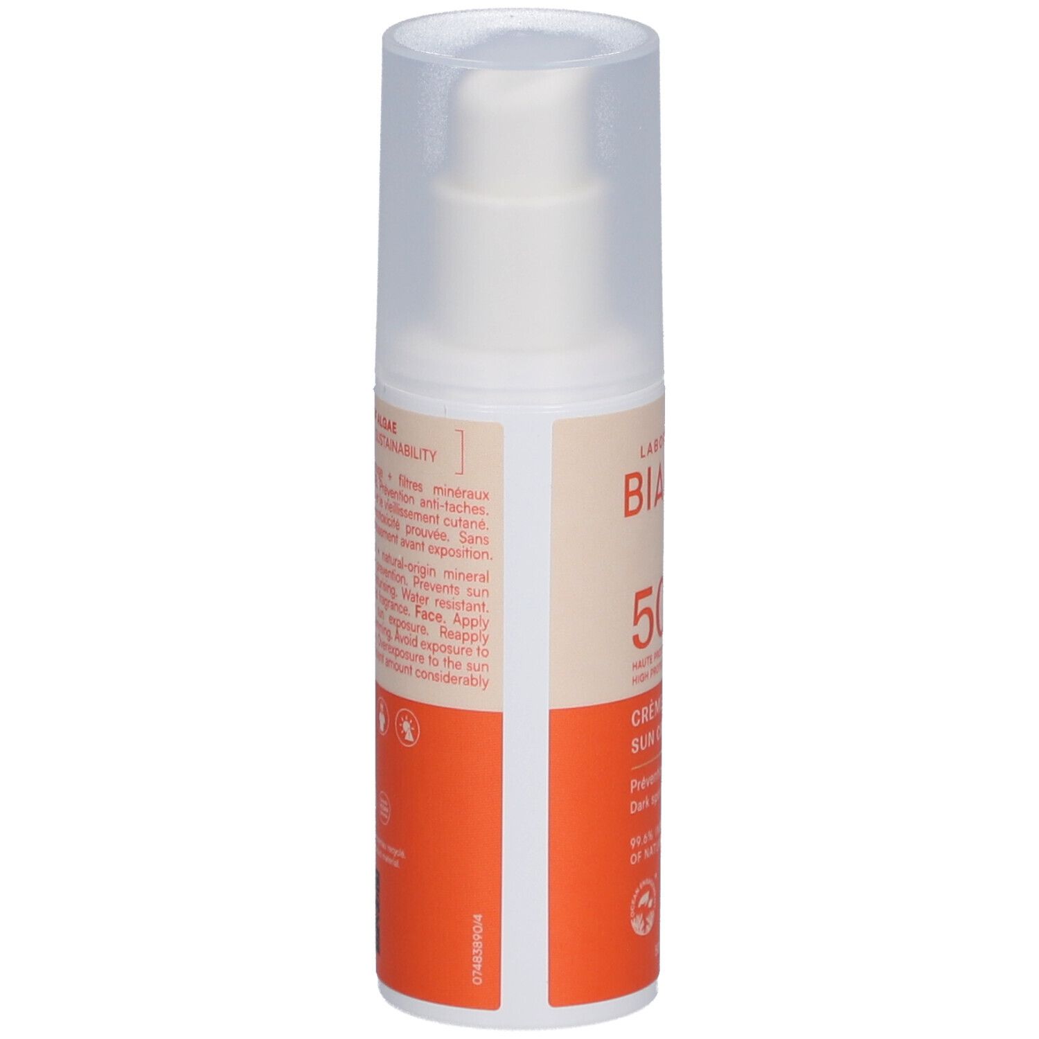 Flacon de crème solaire. Dos avec texte: ingrédients, instructions d'utilisation, certification. Zone orange avec texte blanc.