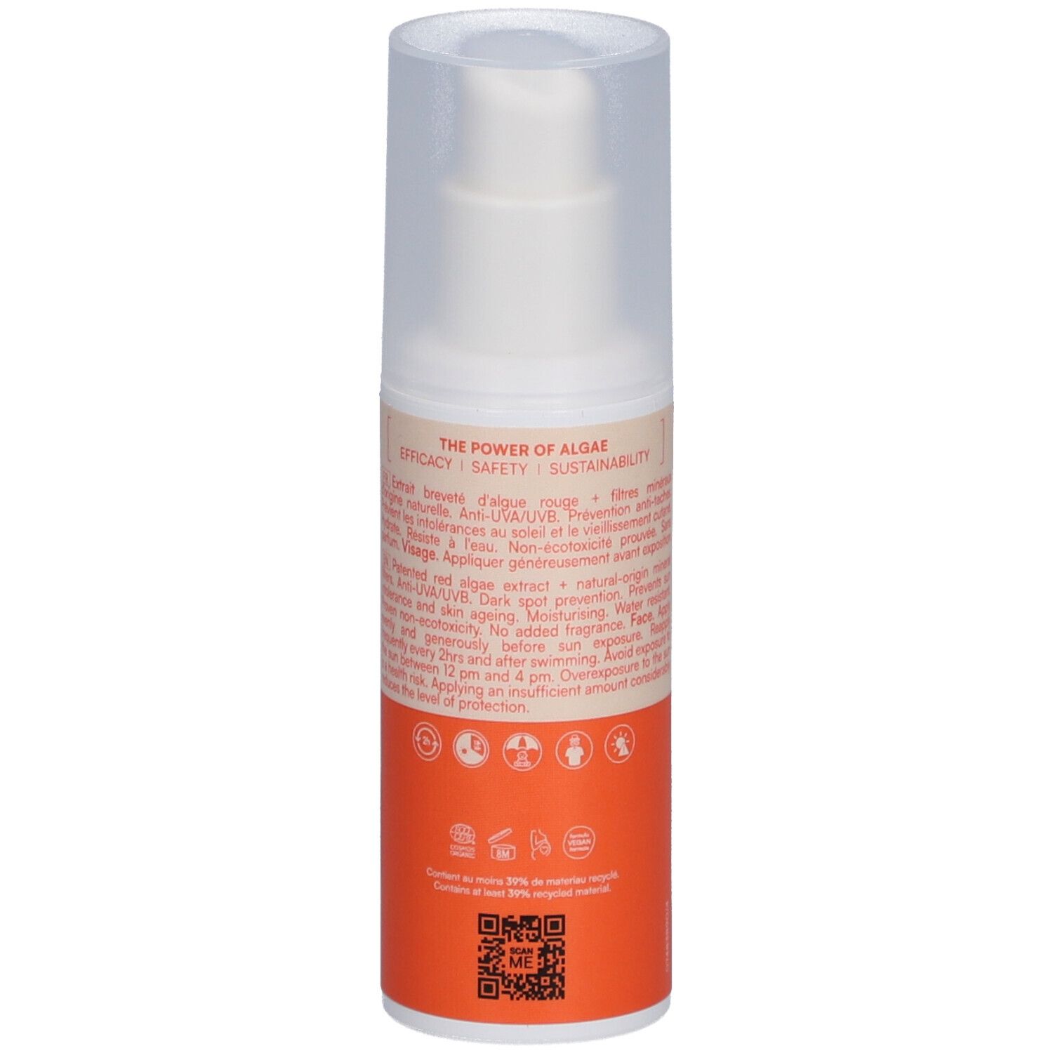 Flacon de crème solaire. Dos avec texte: protection solaire, hydratant, certifié bio, ingrédients. Zone orange.