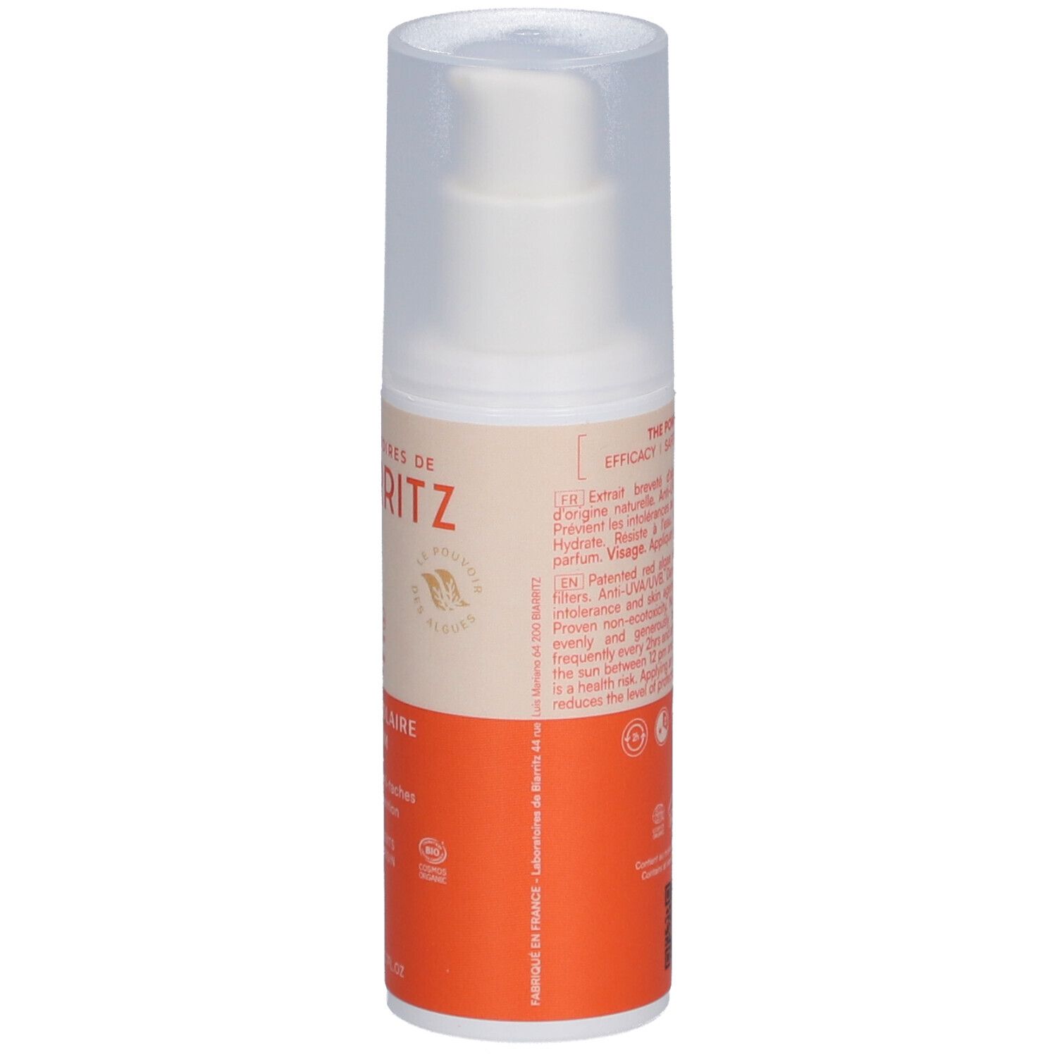 Flacon de crème solaire. Face avec texte: Laboratoires de Biarritz, 50, Crème Solaire, Alga Maris, Haute Protection Visage. Certification bio.