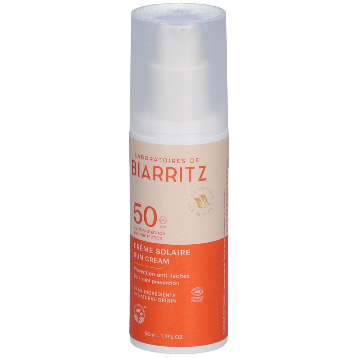 Flacon de crème solaire. Face avec texte: Laboratoires de Biarritz, 50, Crème Solaire, Alga Maris, Haute Protection Visage. Certification bio.