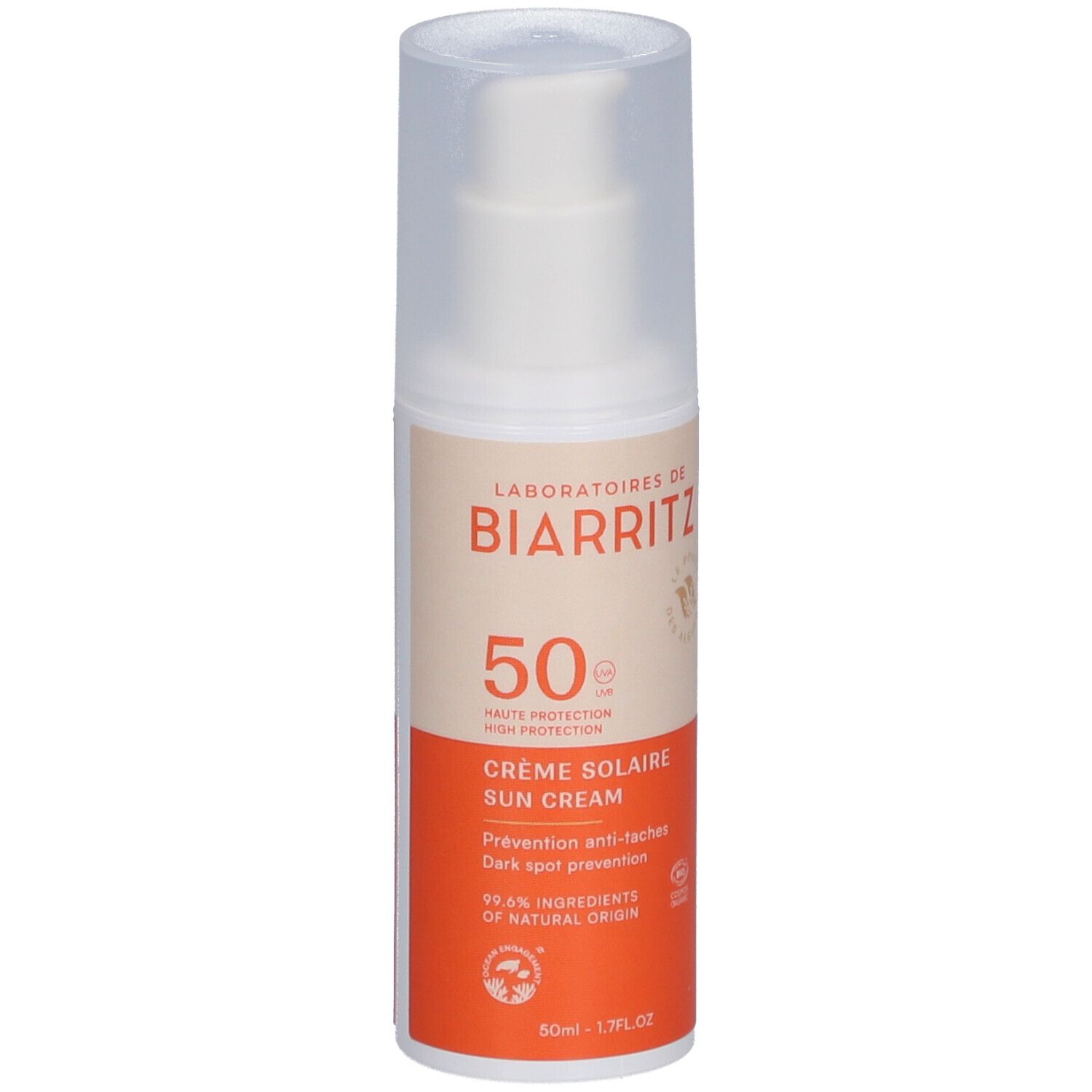 Flacon de crème solaire. Face avec texte: Laboratoires de Biarritz, 50, Crème Solaire, Alga Maris, Haute Protection Visage. Certification bio.