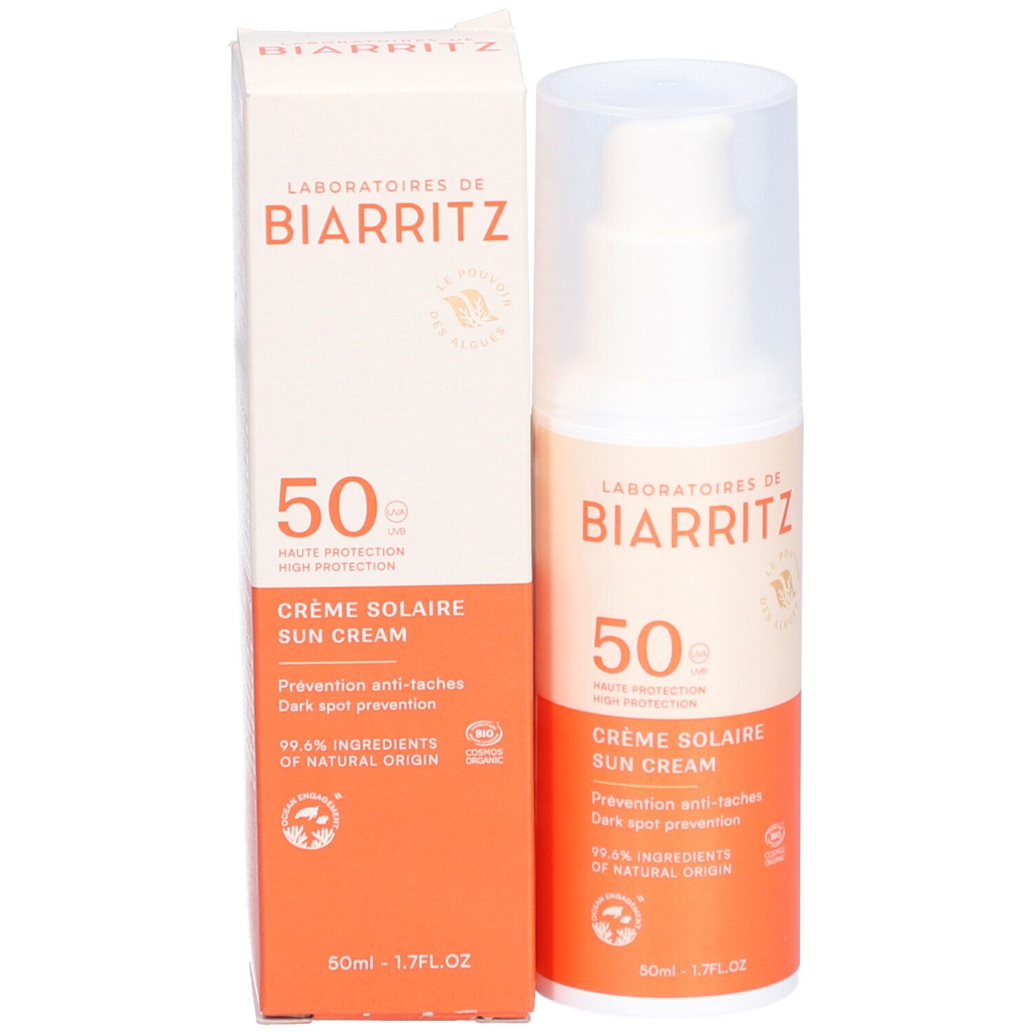 Flacon et emballage de crème solaire. Texte: Laboratoires de Biarritz, 50, Crème solaire, Alga Maris, haute protection, visage. Certification bio.
