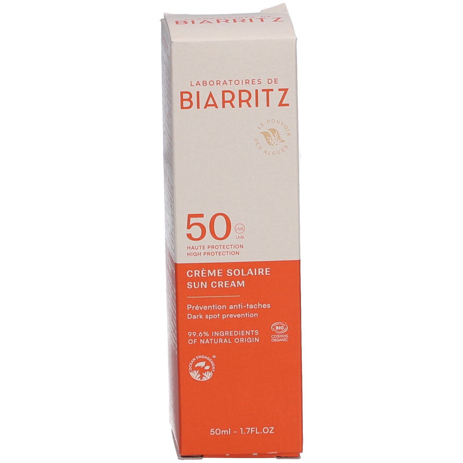 Emballage de crème solaire. Texte: Laboratoires de Biarritz, 50, Crème solaire, Alga Maris, haute protection, visage. Certification bio.