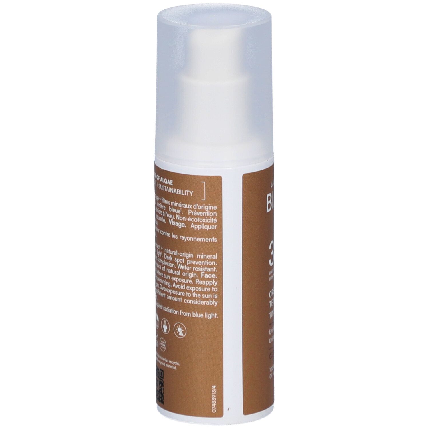 Flacon de crème solaire. Flacon blanc avec étiquette marron. Texte: ALGAMARIS, Haute Protection, Visage. Dos avec informations et logos.
