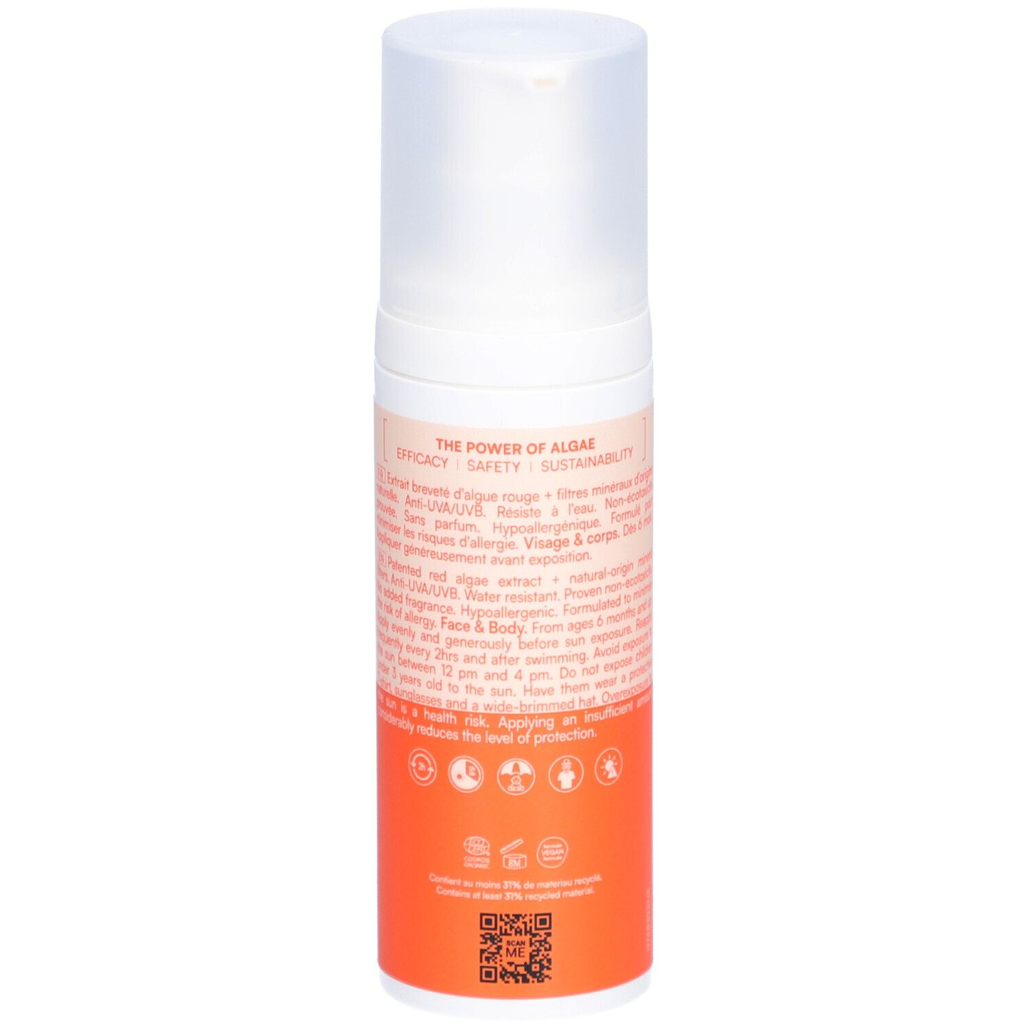 Dos du flacon de crème solaire. Texte: conseils d'utilisation, ingrédients, 100ml. Blanc, étiquette orange.