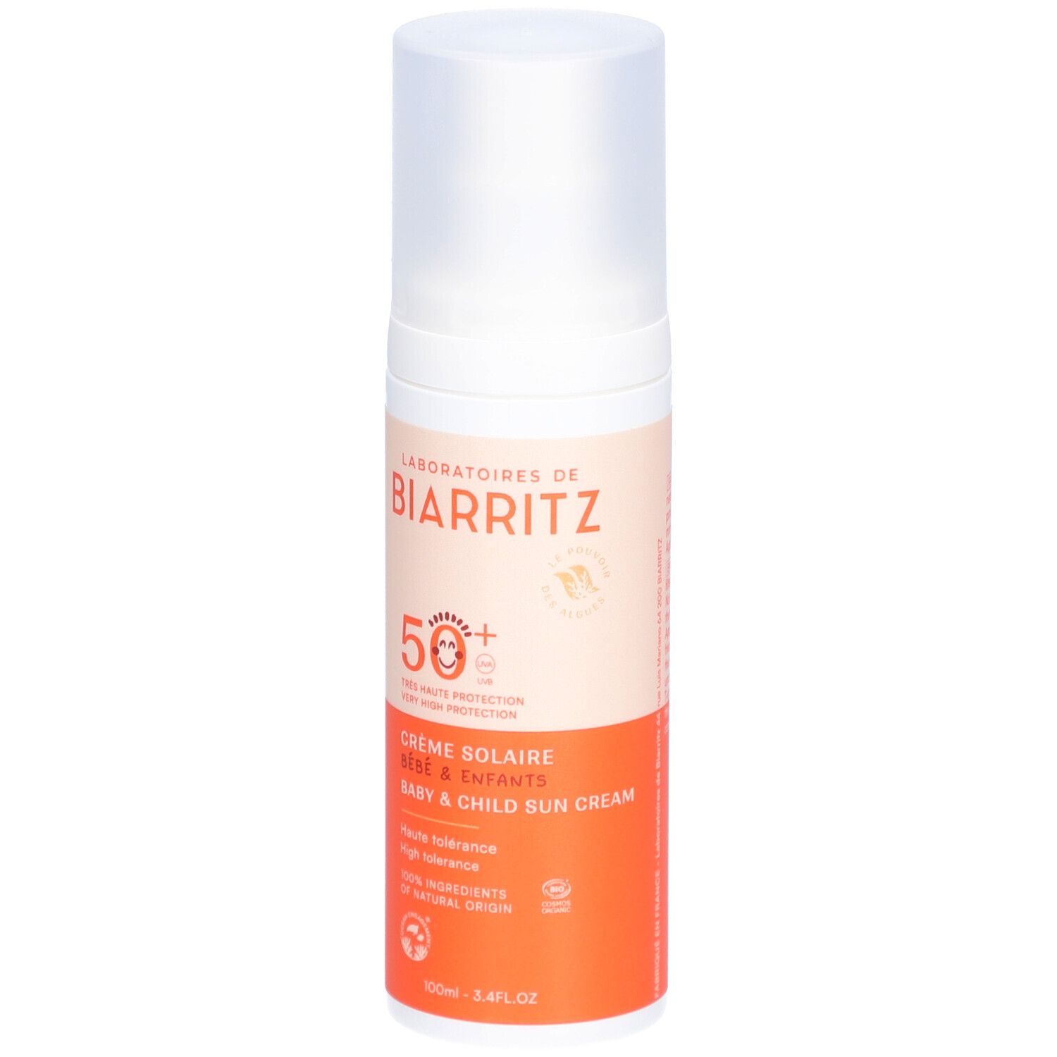 Flacon de crème solaire blanc et orange. Texte: 50+, Crème Solaire, Alga Maris, visage & corps. Label bio.