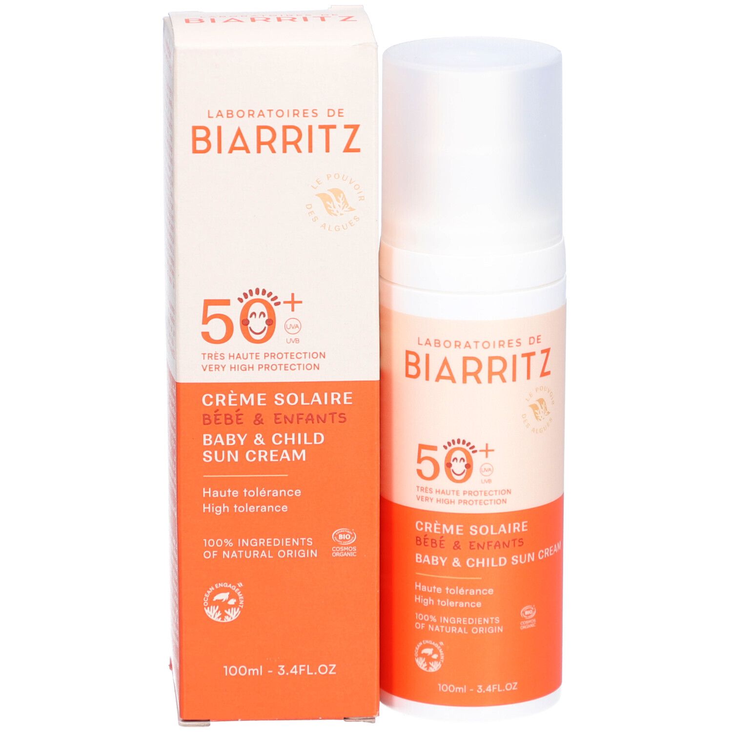 Flacon et emballage de crème solaire. Texte: 50+, Crème solaire, Bébé & Enfant, Alga Maris, visage & corps. Bio.