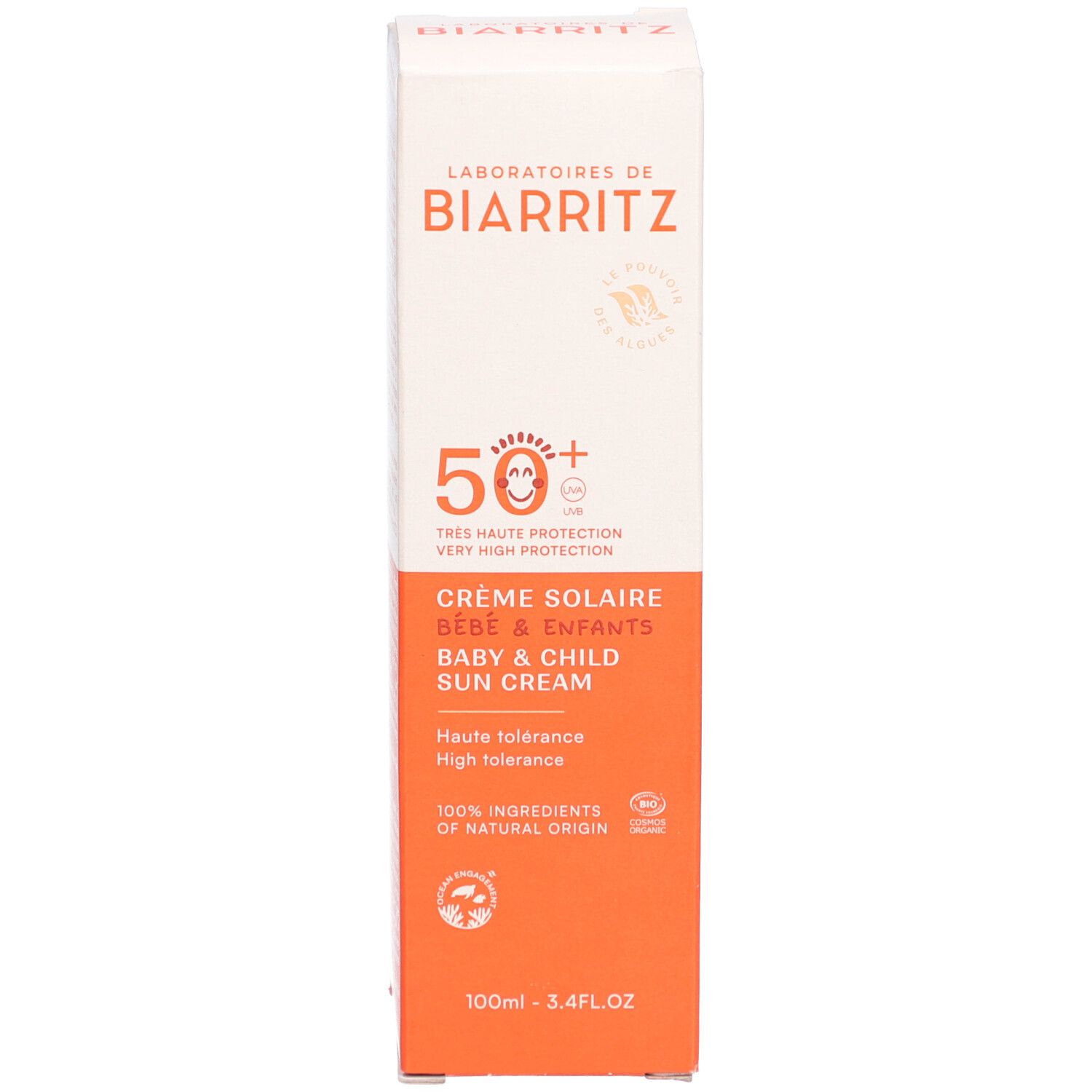 Emballage de crème solaire. Texte: 50+, Crème solaire, Bébé & Enfant, Alga Maris, visage & corps. Bio.