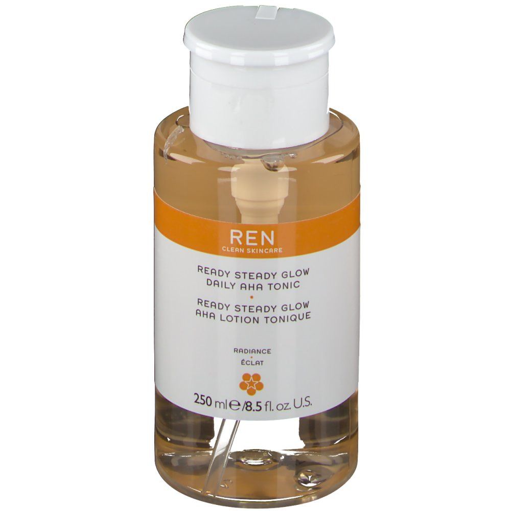 Flacon transparent avec liquide ambré, bouchon blanc et pompe. Bande orange avec texte. Logo REN visible.