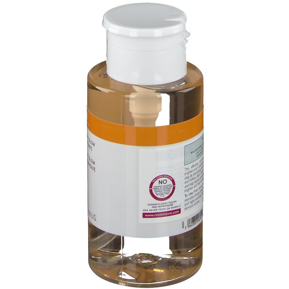 Dos du flacon. Étiquette avec texte et logo. Liquide transparent visible. Bouchon blanc et pompe.