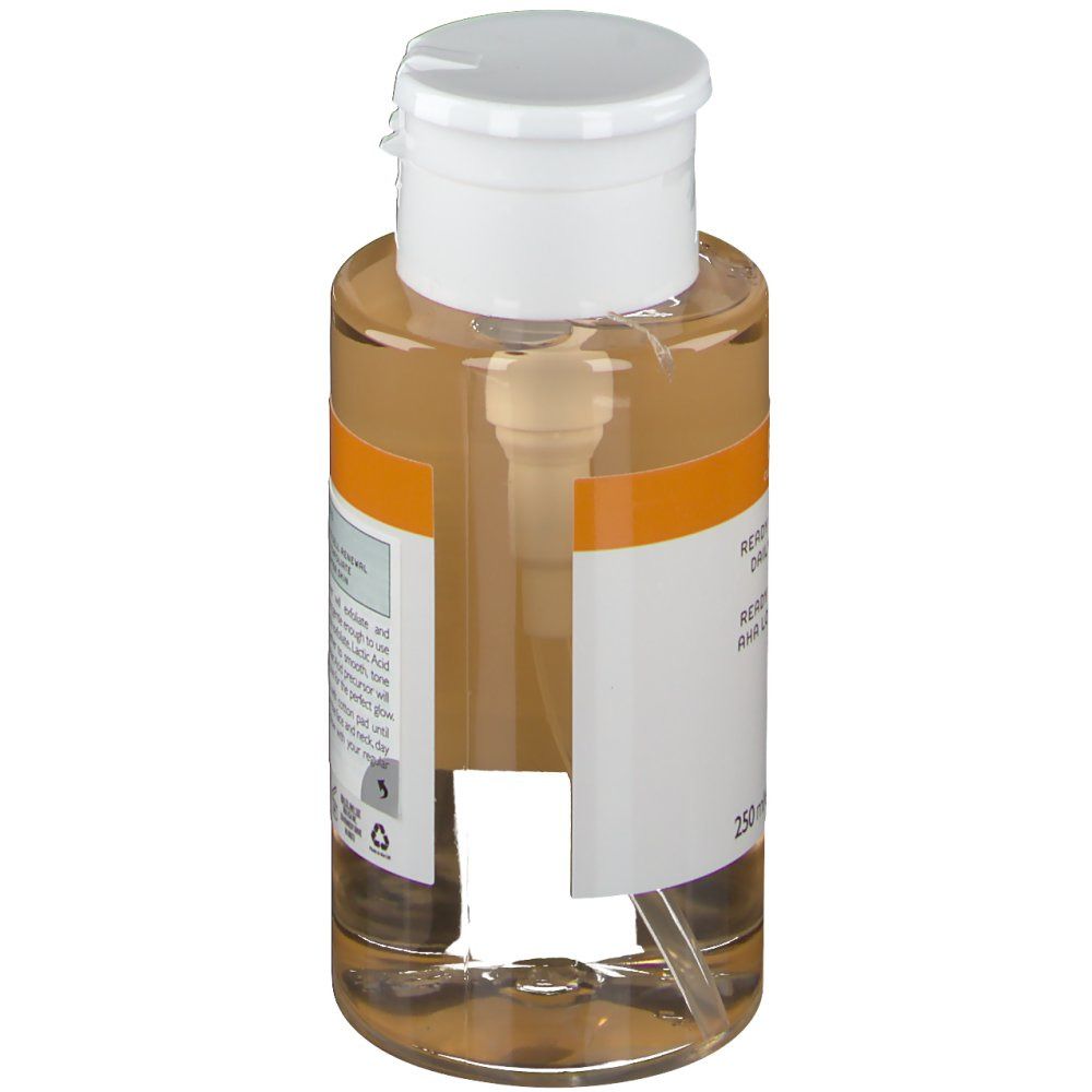 Flacon avec liquide transparent, bouchon blanc et pompe. Bande orange avec texte. Étiquette visible.