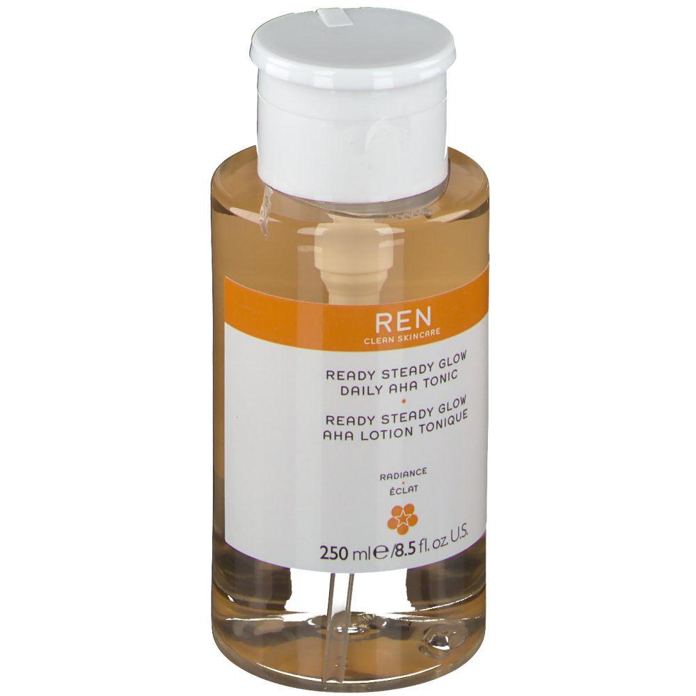 Flacon avec liquide transparent, bouchon blanc et pompe. Bande orange avec texte. Logo REN visible.