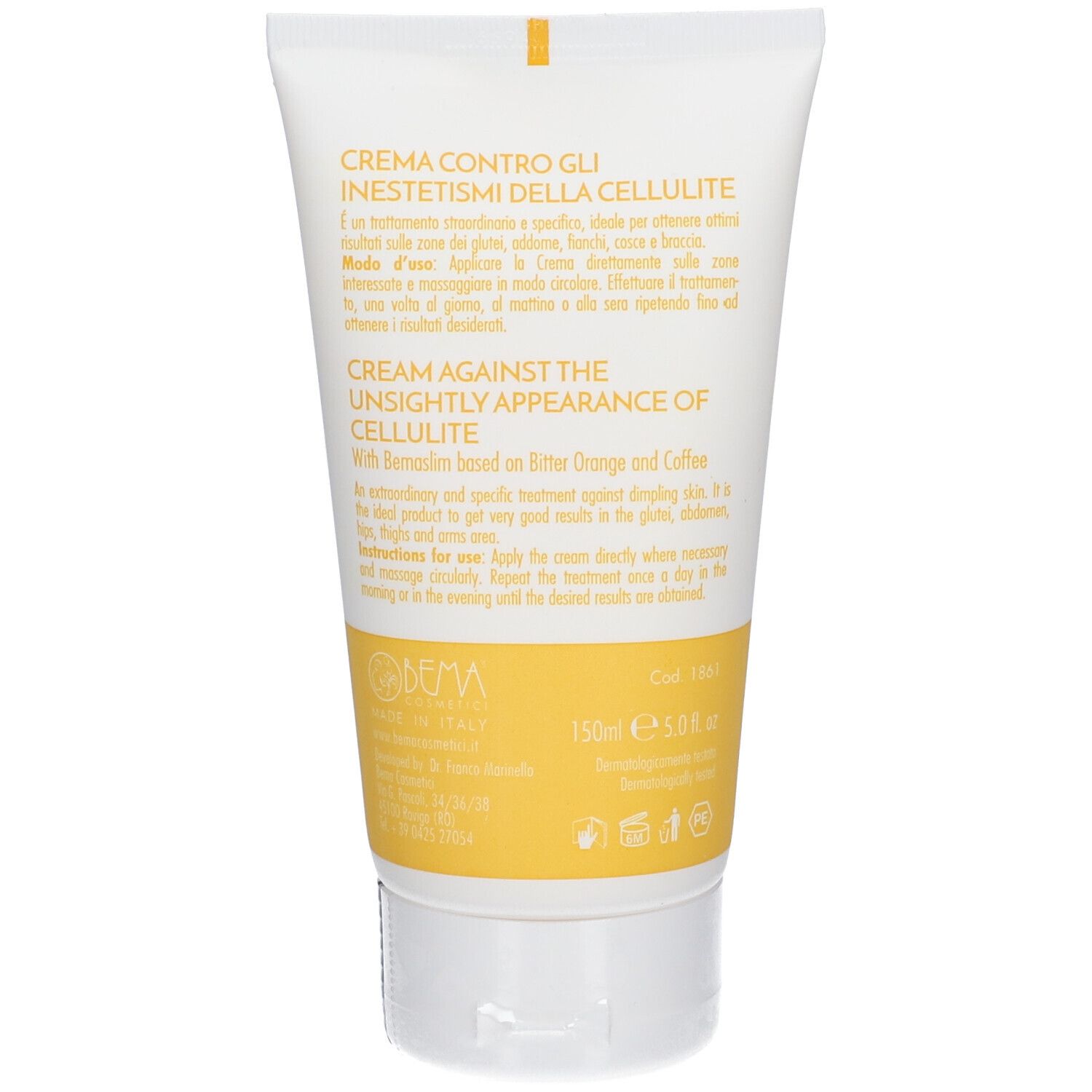 Dos du tube de crème. Texte: crema contro gli inestetismi della cellulite, cream against the unsightly appearance of cellulite.