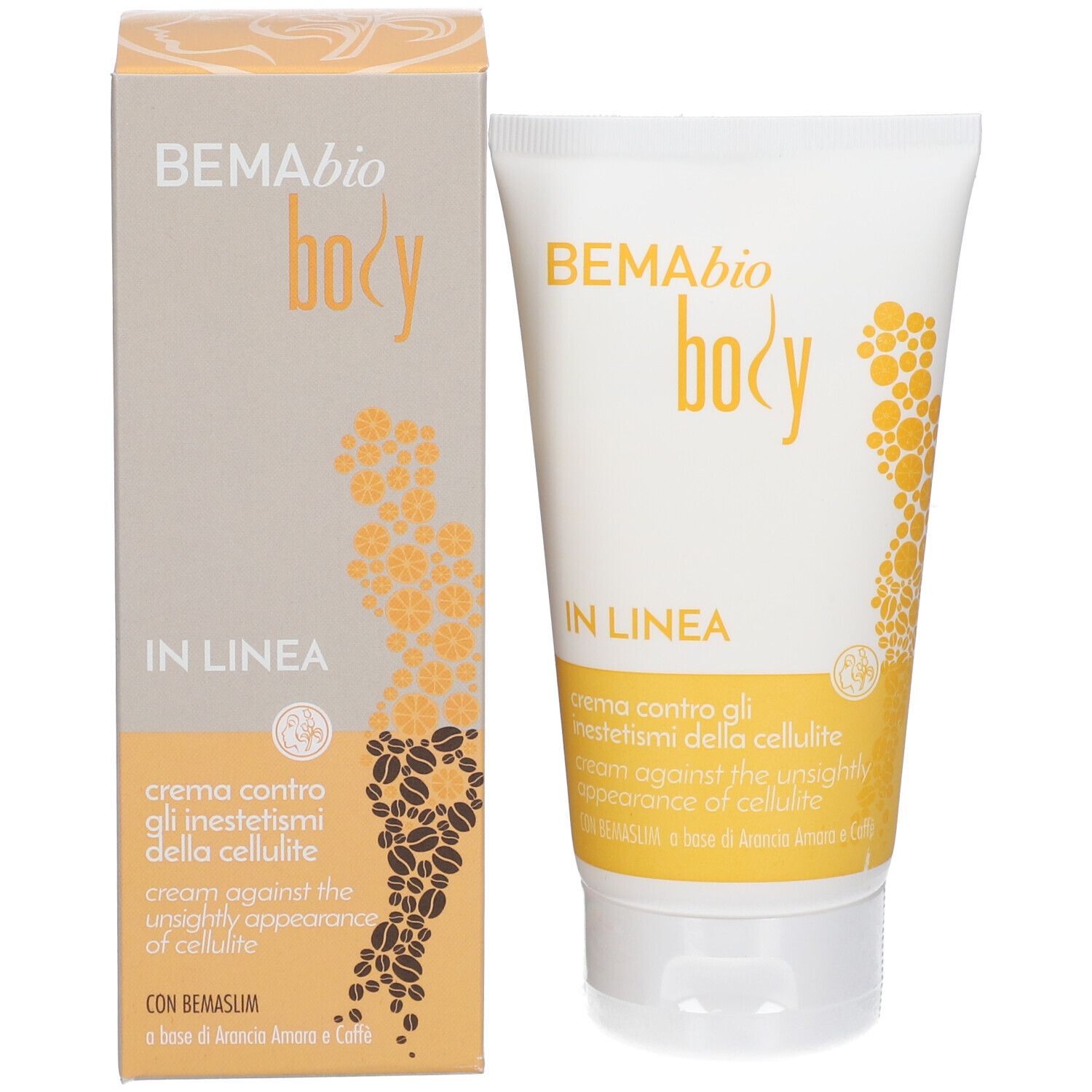 Tube de crème et boîte. Inscription: BEMA bio body, IN LINEA, crema contro gli inestetismi della cellulite, CON BEMASLIM.