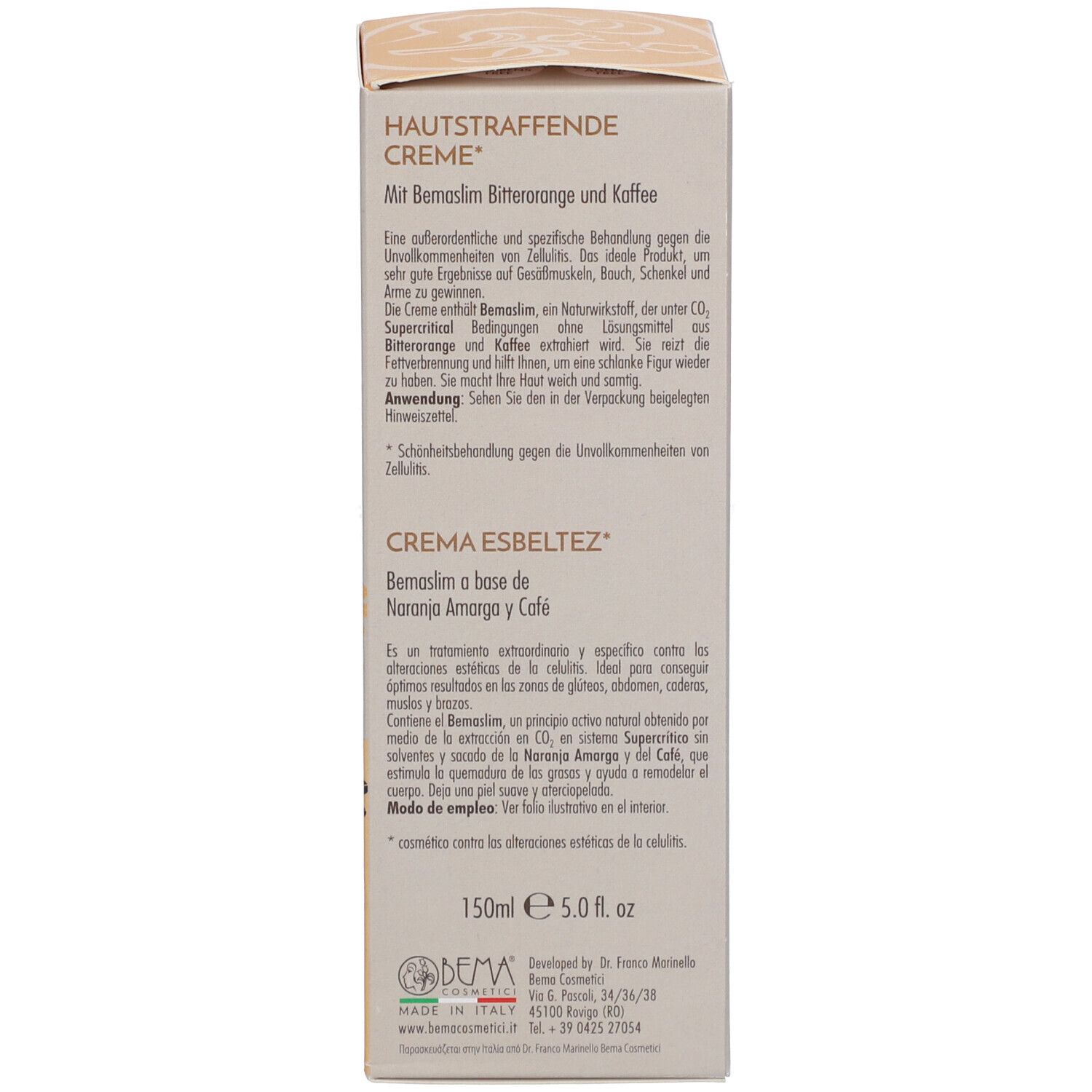Dos de la boîte. Texte: crème esbéltez, Bemaslim à base d'orange amère et de café, 150ml, 5.0 fl. oz.