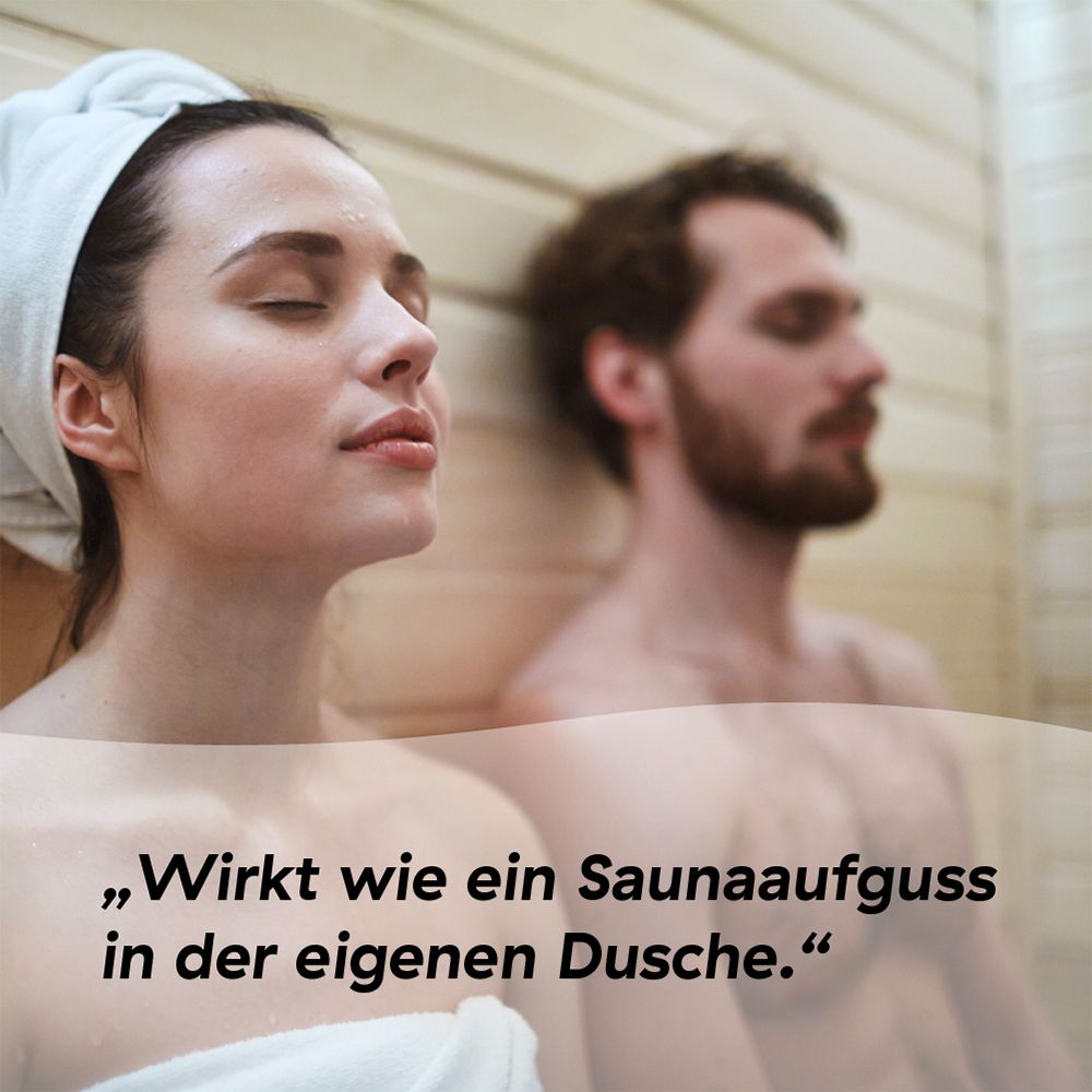 Homme et femme dans un sauna. Texte: Agit comme une infusion de sauna dans sa propre douche.