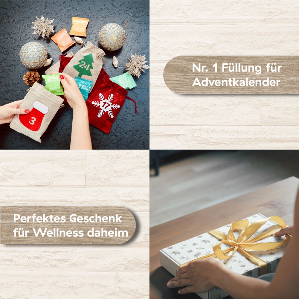 Handen vullen kleine cadeautassen voor een adventskalender met kerstdecoraties.