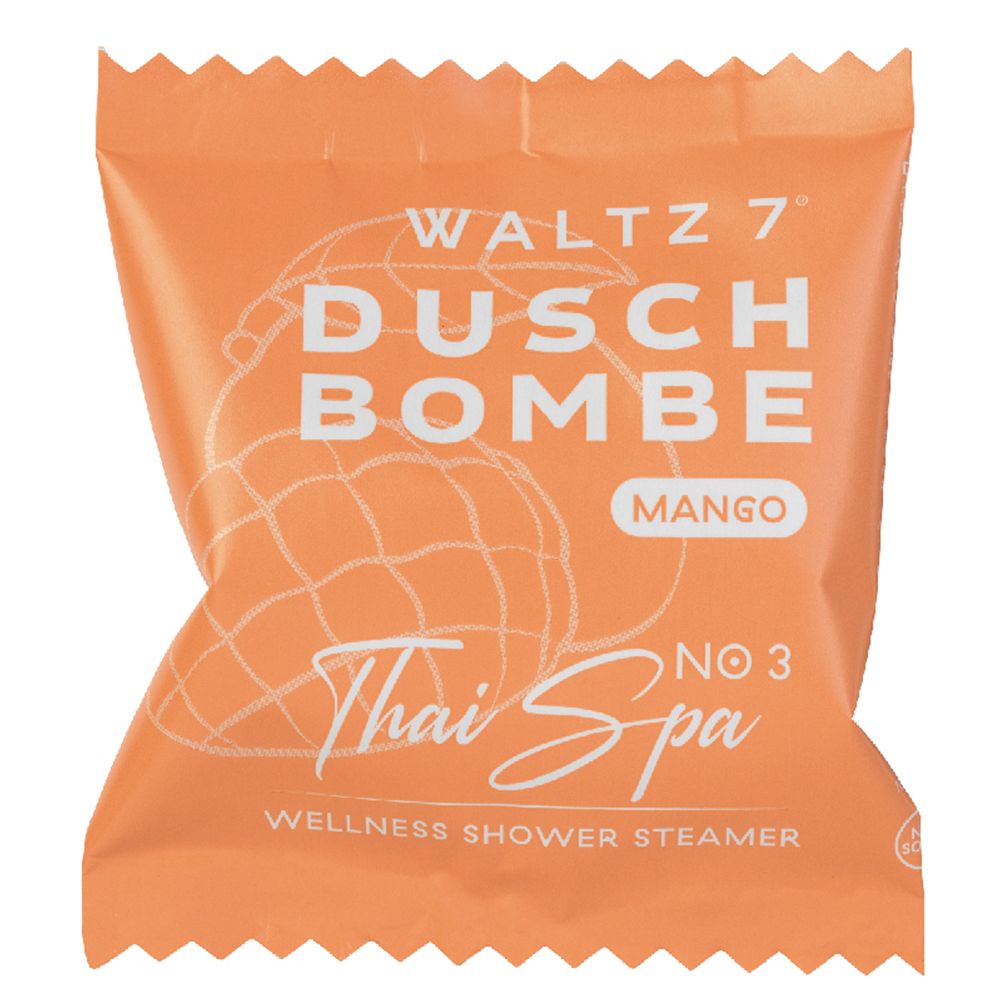 WALTZ 7 Duschbombe Mango, Thai Spa, No. 3. Emballage orange avec logo du produit et de la marque.