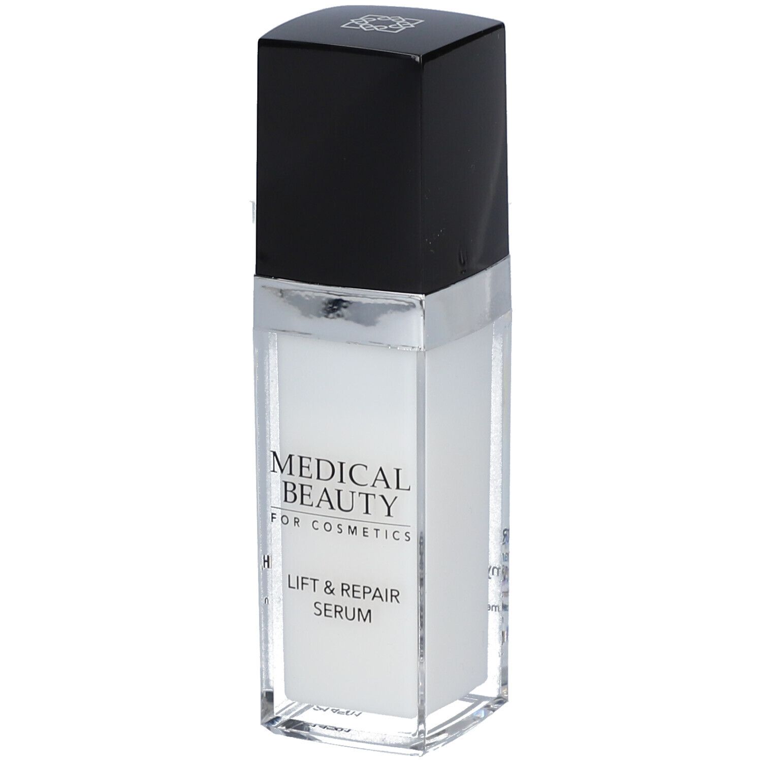 Serumfles met zwarte dop en zilveren rand. Opschrift: MEDICAL BEAUTY, LIFT & REPAIR SERUM.