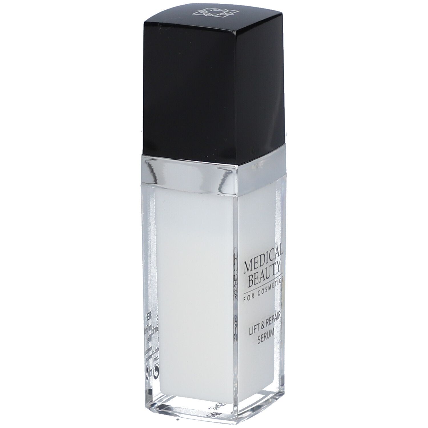 Serumfles met zwarte dop en zilveren rand. Opschrift: MEDICAL BEAUTY, LIFT & REPAIR SERUM.