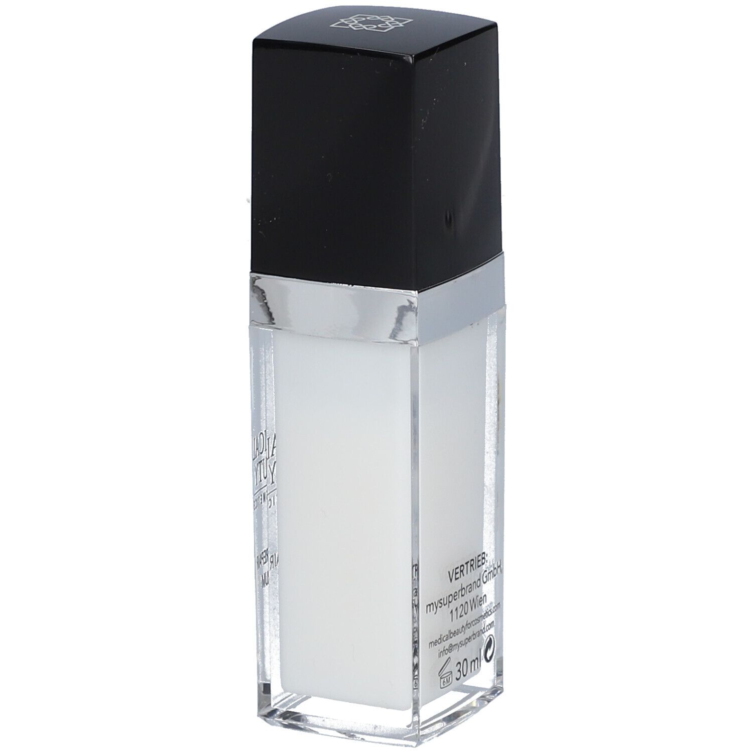 Serumfles met zwarte dop en zilveren rand. Opschrift: MEDICAL BEAUTY, LIFT & REPAIR SERUM. Tekst op achterkant.