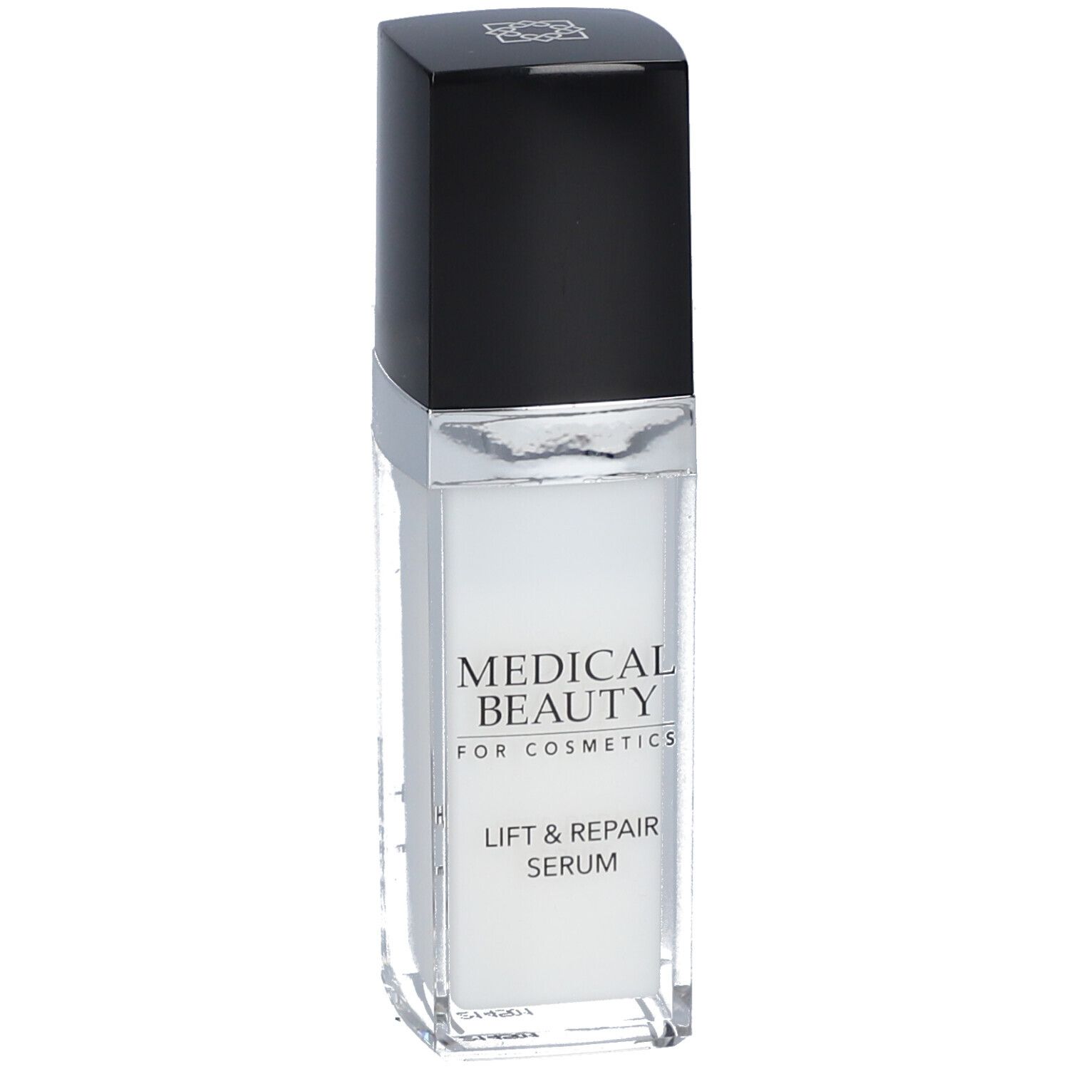 Serumfles met zwarte dop en zilveren rand. Opschrift: MEDICAL BEAUTY, LIFT & REPAIR SERUM.