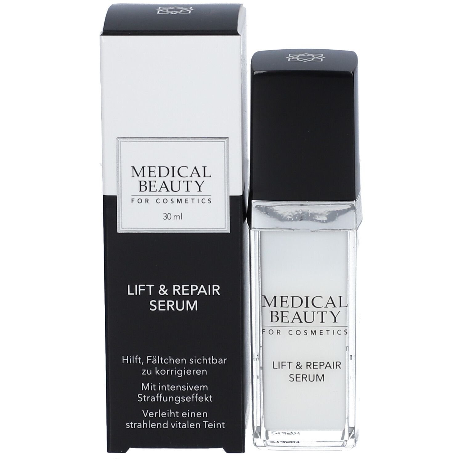 Serumfles en verpakking. Opschrift: MEDICAL BEAUTY, LIFT & REPAIR SERUM. Verpakking met tekst.