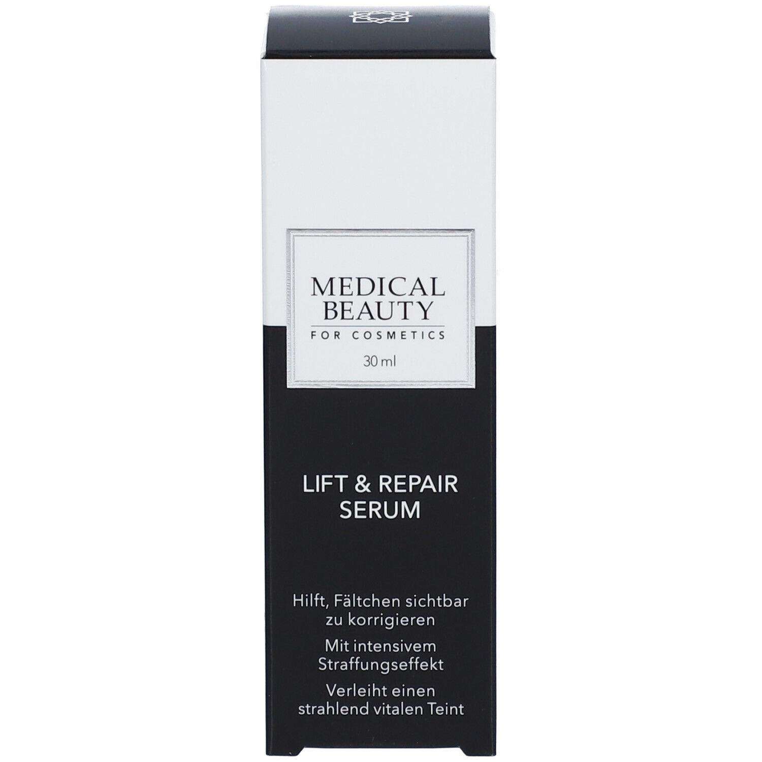 Verpakking met opschrift: MEDICAL BEAUTY, LIFT & REPAIR SERUM. Tekst op de verpakking.