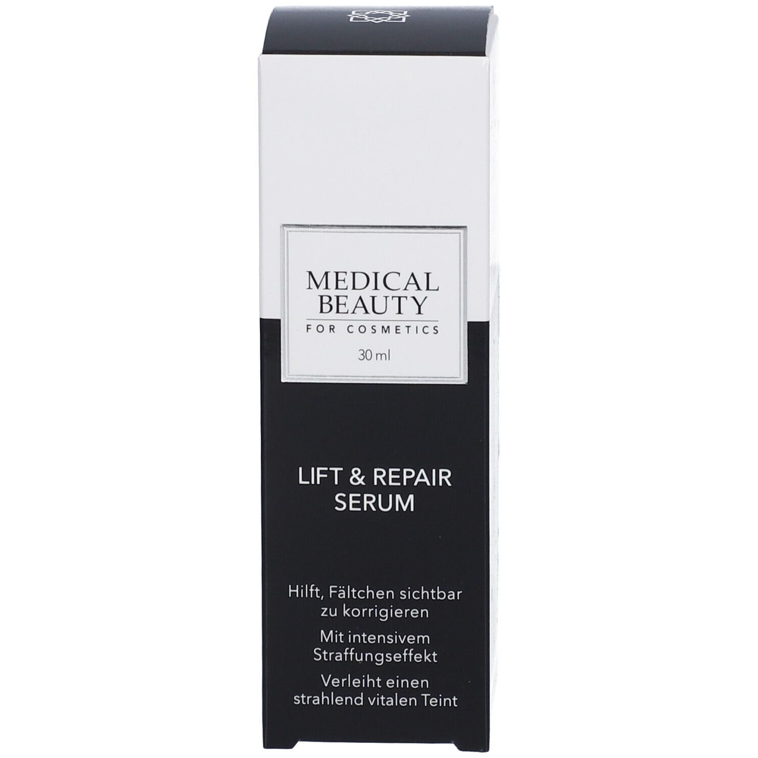 Verpakking met opschrift: MEDICAL BEAUTY, LIFT & REPAIR SERUM. Tekst op de verpakking.