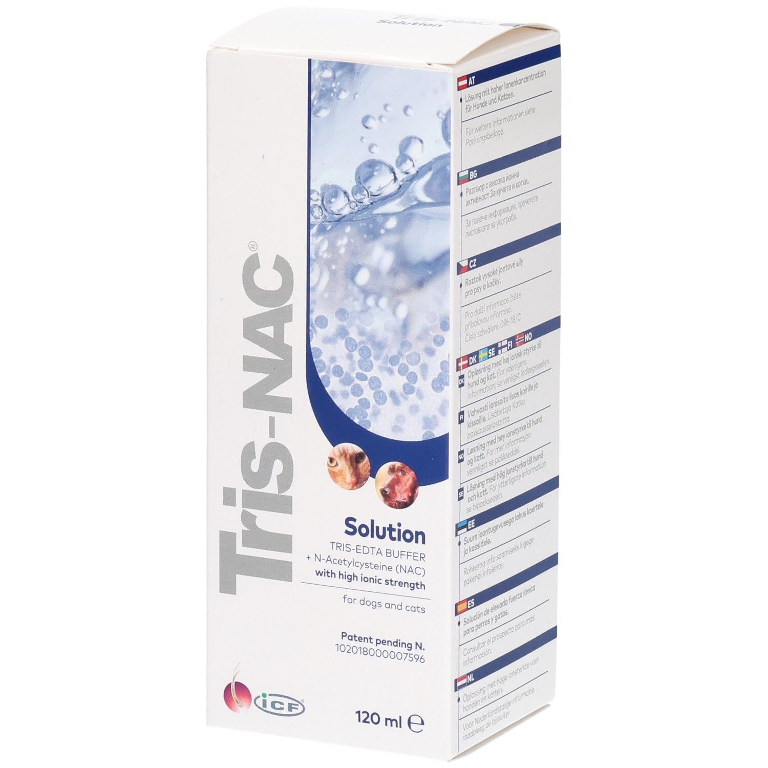 Boîte de solution Tris-NAC. Inscription : Tris-EDTA Buffer, N-Acétylcystéine (NAC) pour chiens et chats. 120 ml.