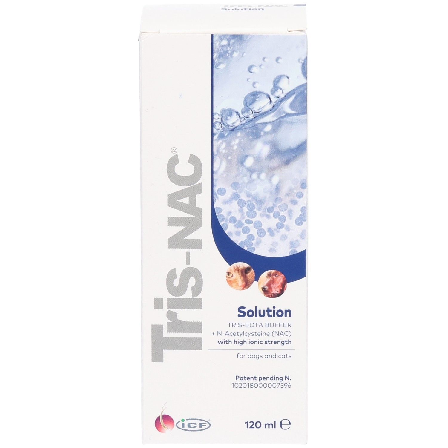 Boîte de solution Tris-NAC. Inscription : Tris-EDTA Buffer, N-Acétylcystéine (NAC) pour chiens et chats. 120 ml.