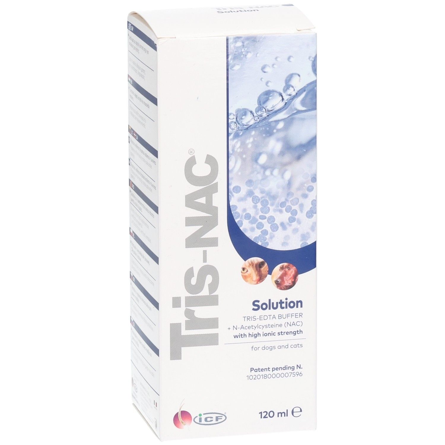 Boîte de solution Tris-NAC. Inscription : Tris-EDTA Buffer, N-Acétylcystéine (NAC) pour chiens et chats. 120 ml.