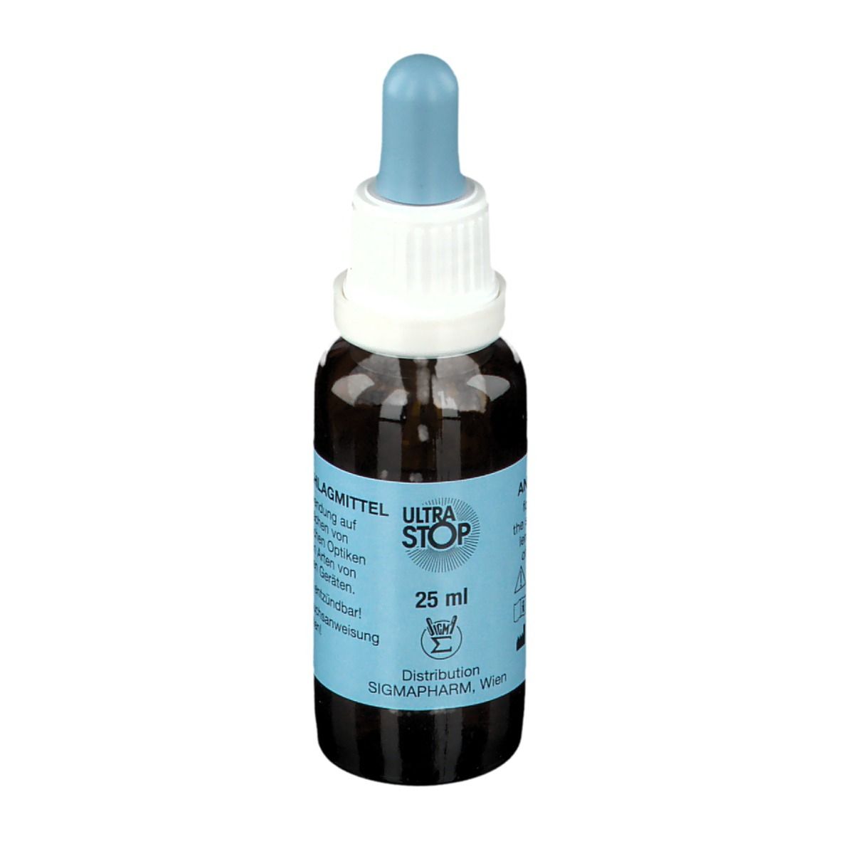 Bruine glazen fles met druppelaar, inhoud 25 ml, etiket "ULTRA STOP".
