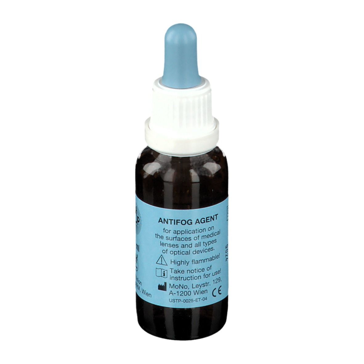 Donker druppelflesje met blauwe druppelaar en etiket. Antidampmiddel voor optische apparaten.