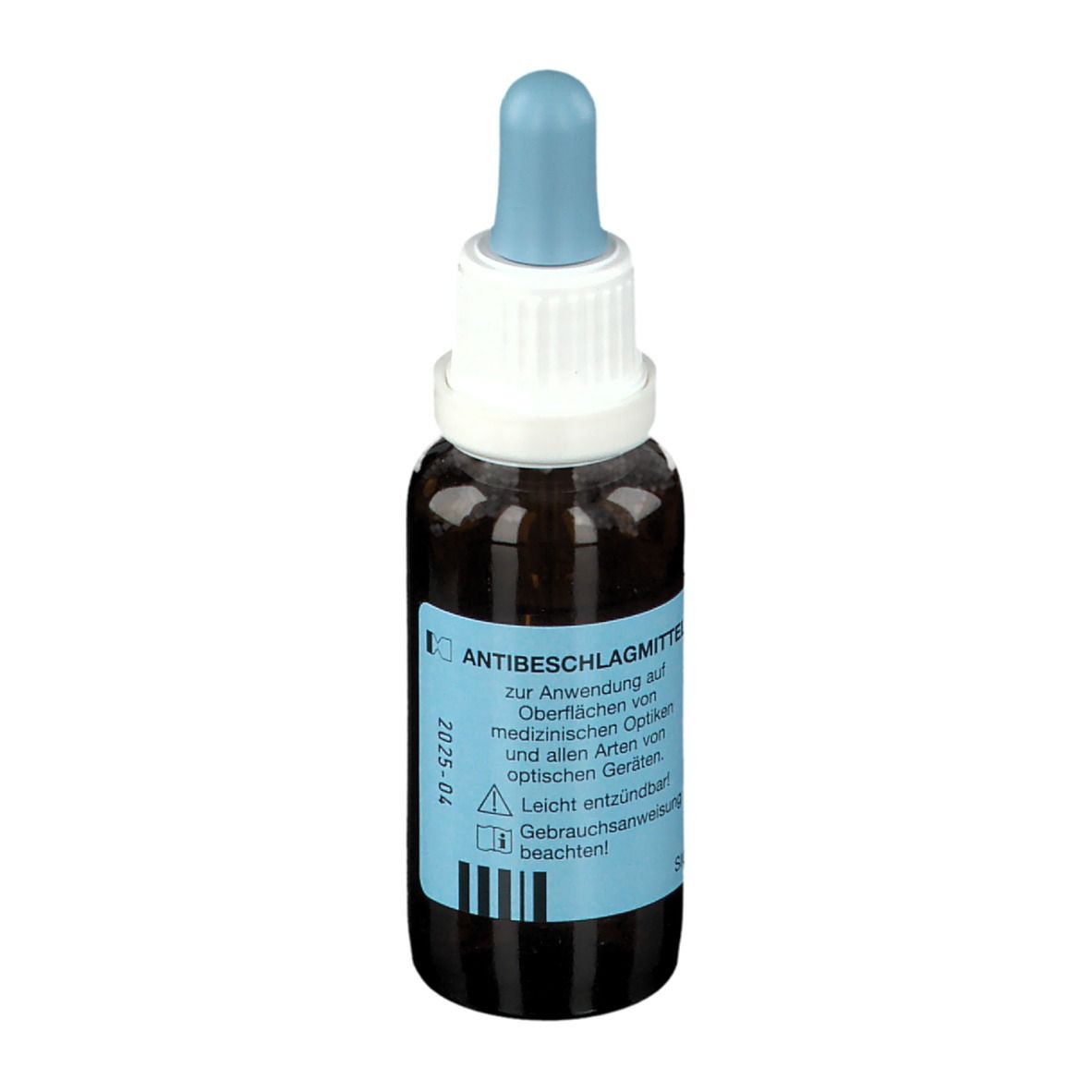 Donkerbruine glazen fles met blauwe druppelaar. Lichtblauw etiket met Duitse tekst.