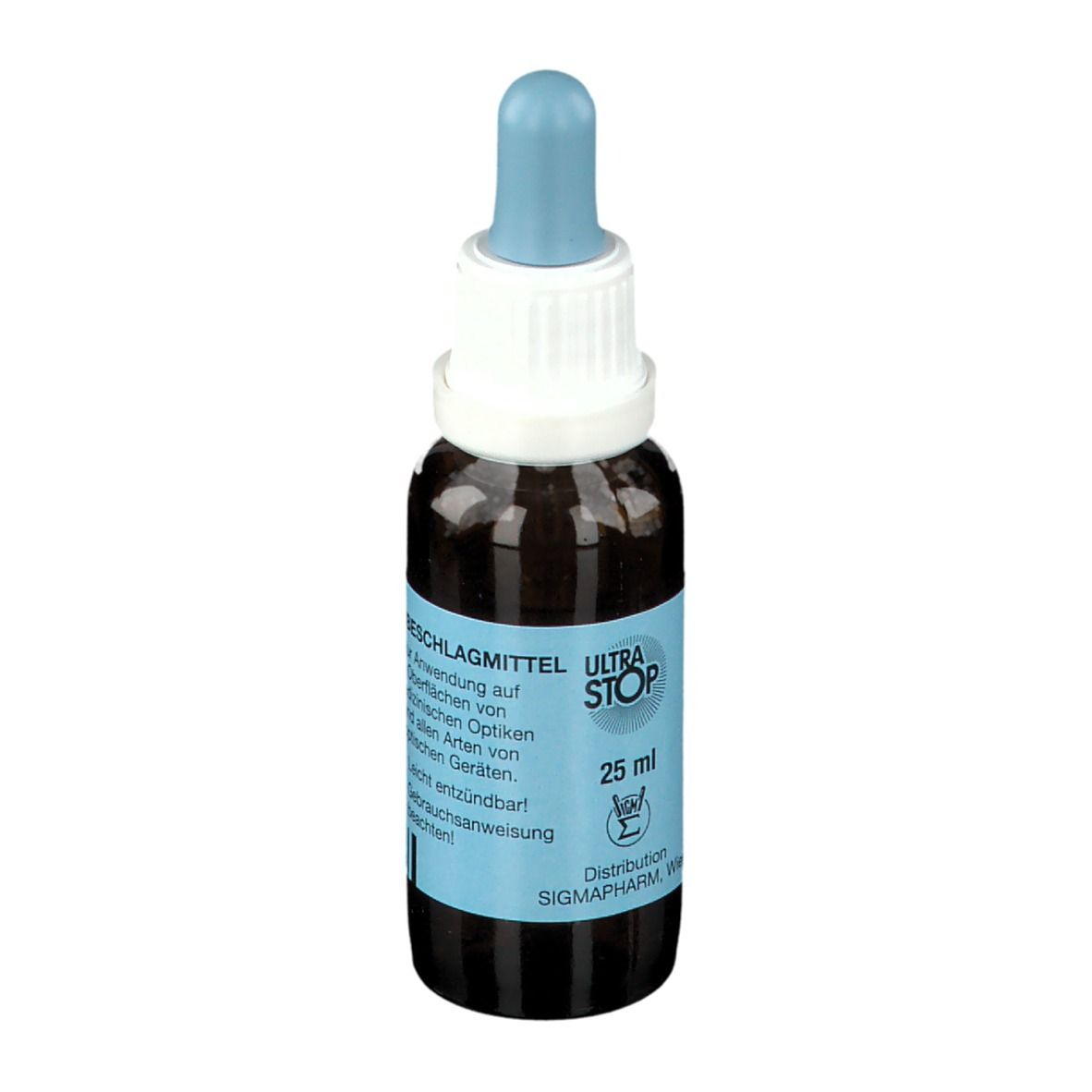 Donkerbruine druppelfles met blauwe druppelaar en witte schroefdop. Etiket met "ULTRA STOP" en "25 ml".