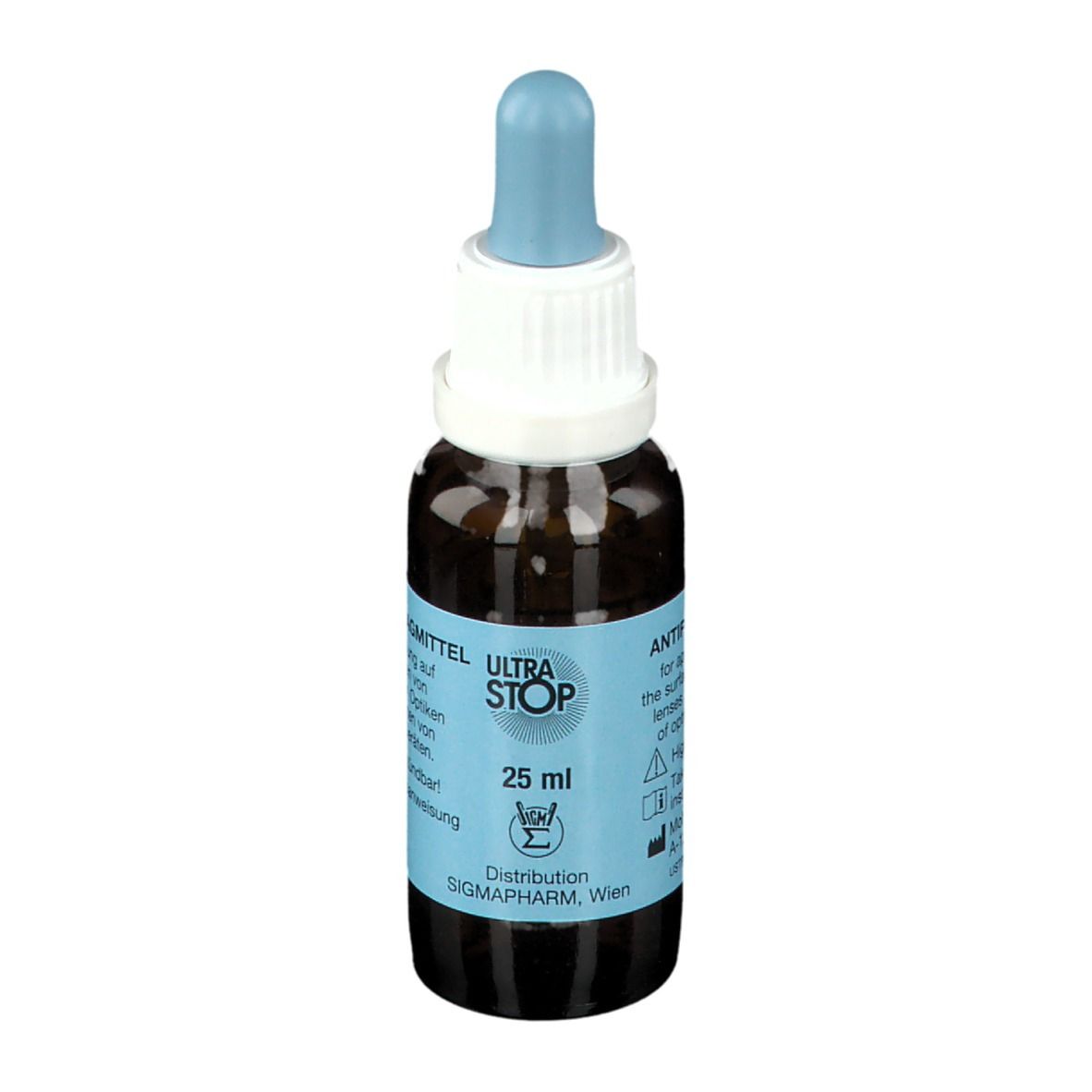 Bruin glazen flesje met druppelaar, inhoud 25 ml, etiket "ULTRA STOP".